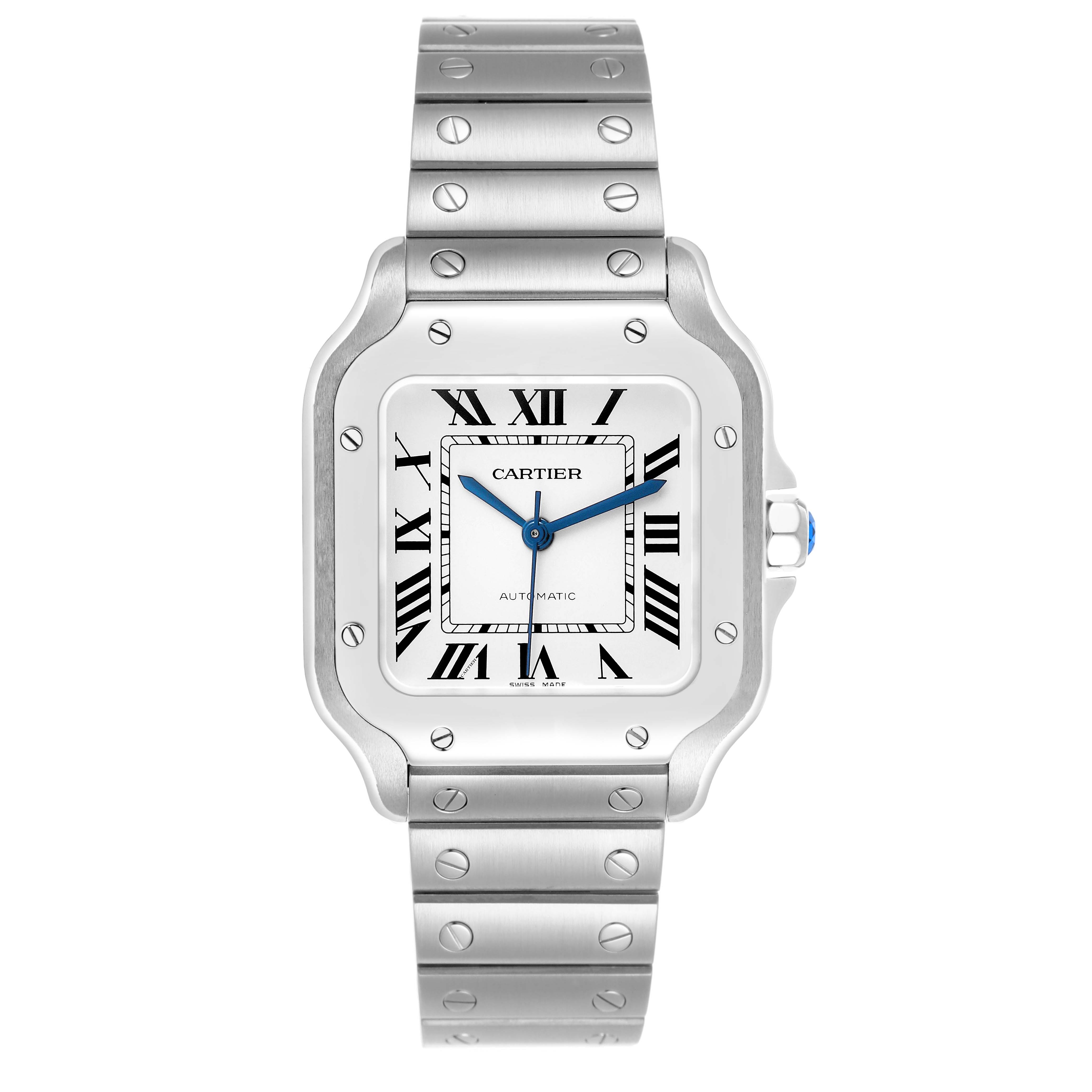 The Cartier Santos WSSA0029 Men's Stainless Steel Silver Dial watch is shown from a front angle, highlighting its face, bezel, and bracelet.
