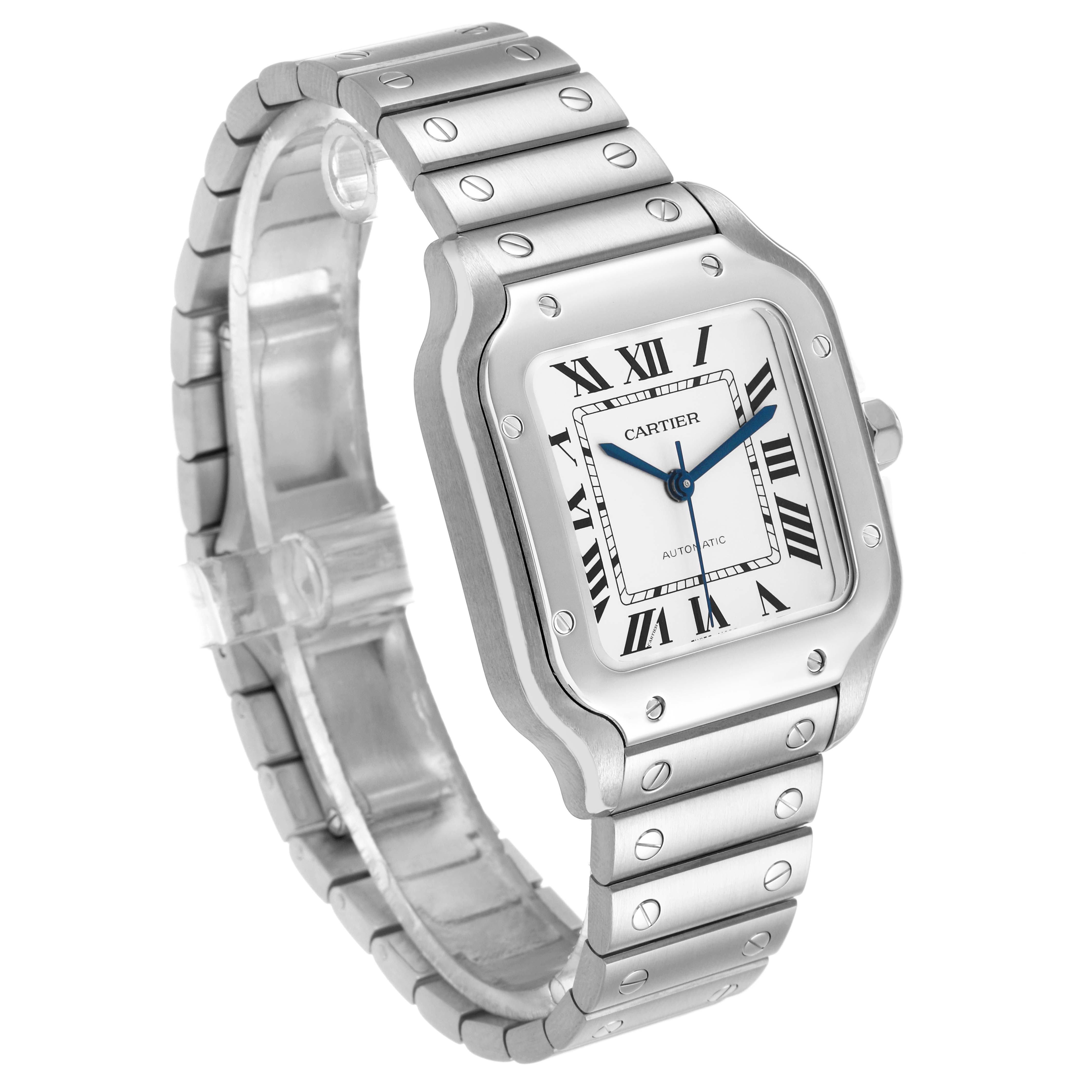 The Cartier Santos WSSA0029 Men's Stainless Steel Silver Dial watch is shown at a three-quarter angle, highlighting the face, bezel, and bracelet links.