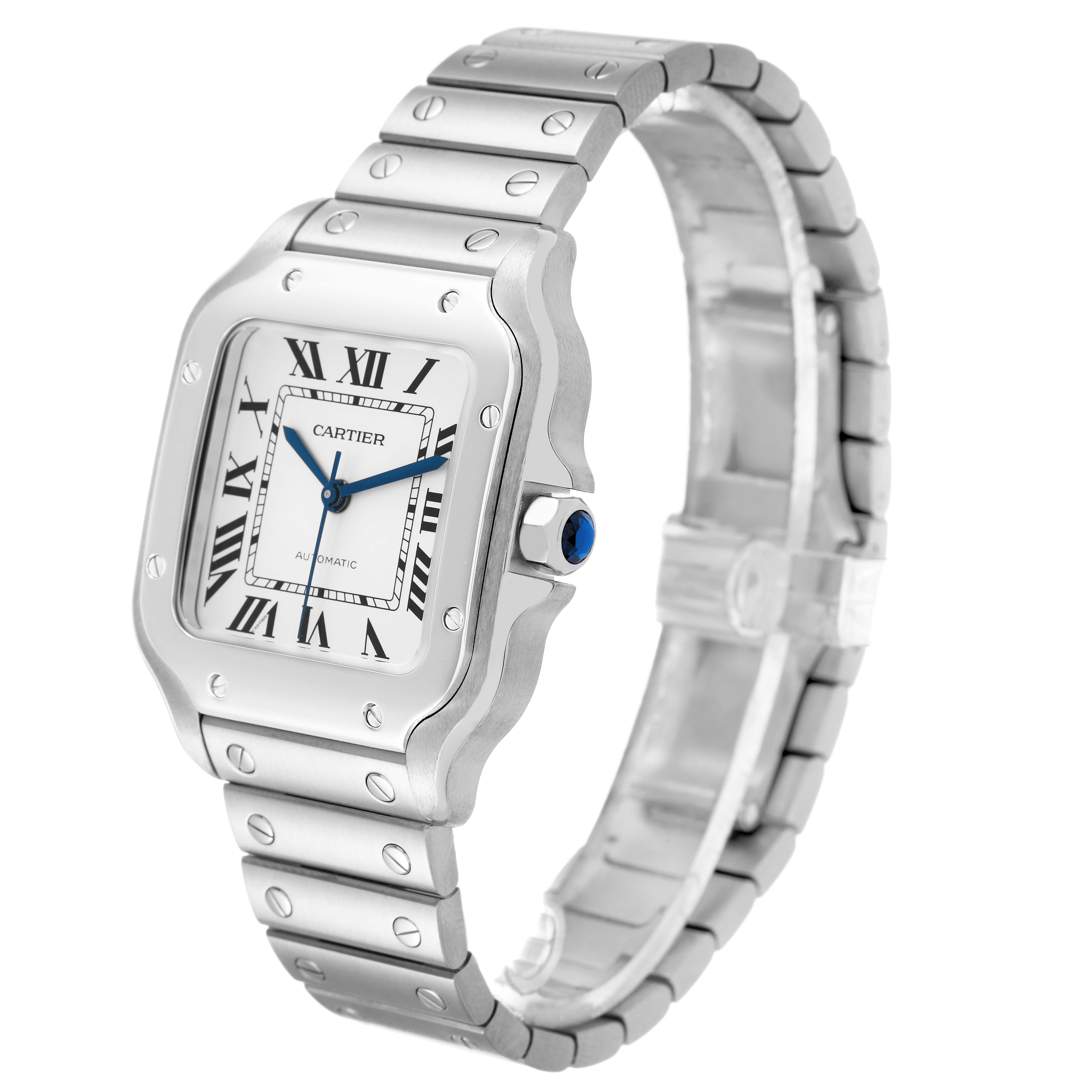 The Cartier Santos WSSA0029 Men's Stainless Steel Silver Dial watch is shown from a three-quarter angle, displaying the face, bezel, and bracelet.