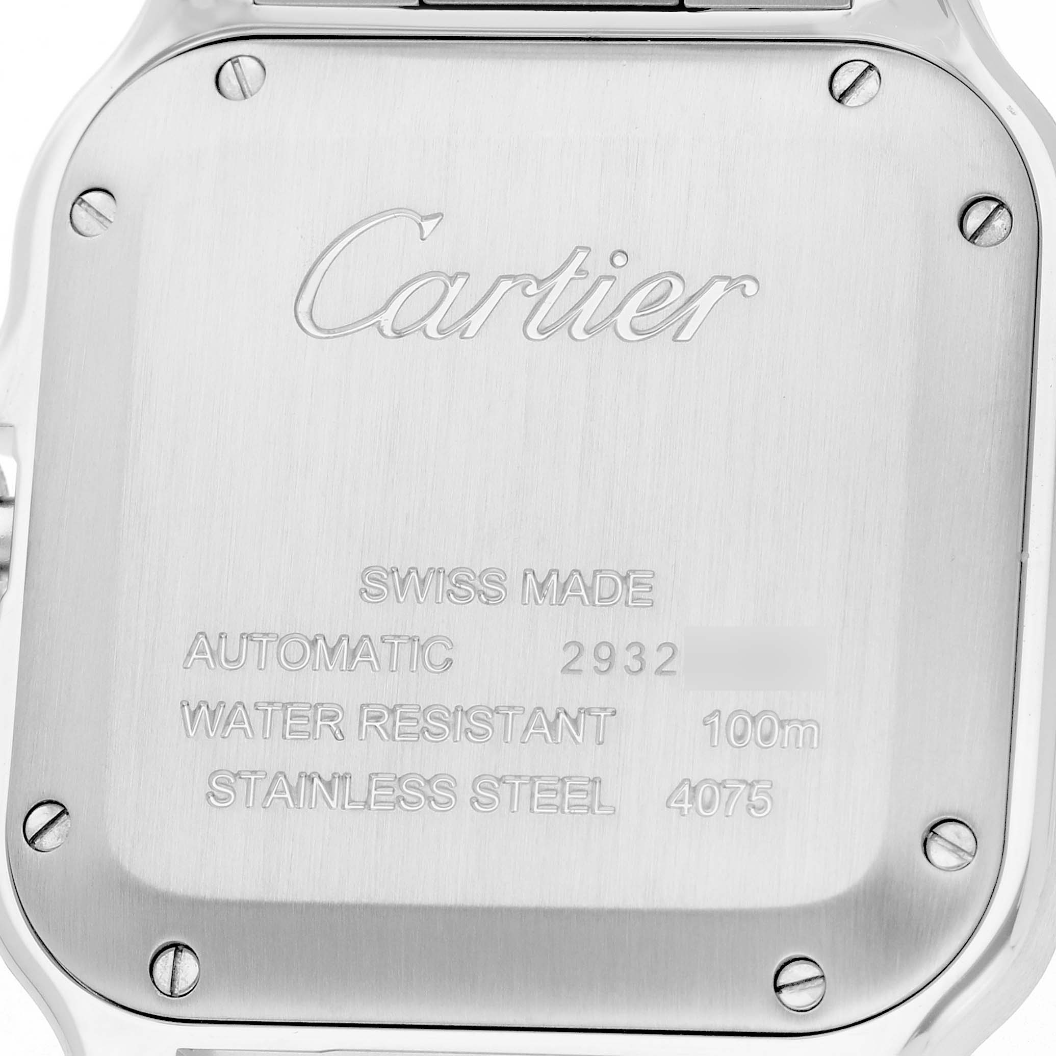 The image shows the back case of a Cartier Santos WSSA0029 Men's Stainless Steel Silver Dial watch, highlighting its branding and specifications.