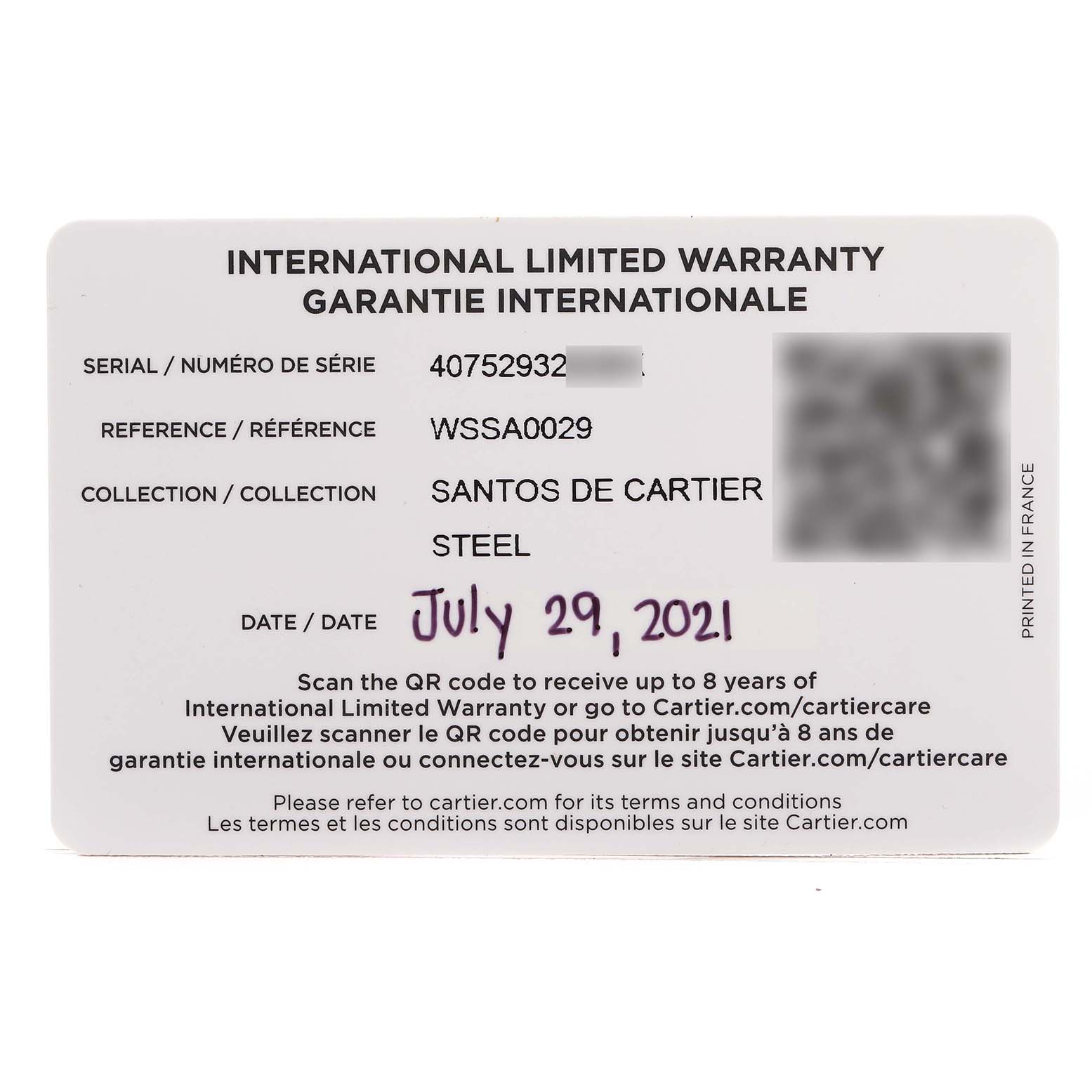 The image shows an International Limited Warranty card for a Santos de Cartier watch, with details like serial, reference, and date.