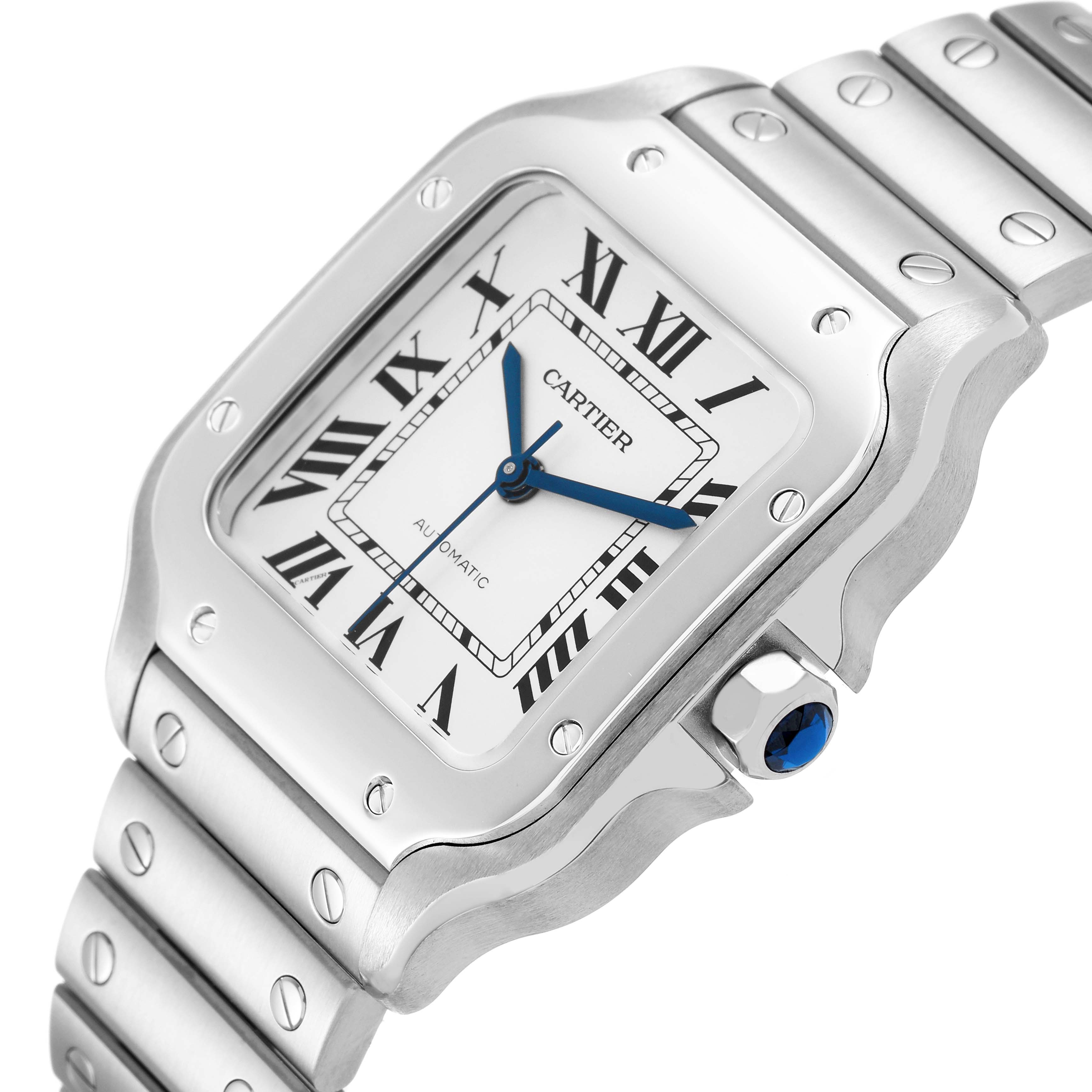 The Cartier Santos WSSA0029 Men's Stainless Steel Silver Dial watch is shown at an angled view highlighting the face, bezel, and bracelet.