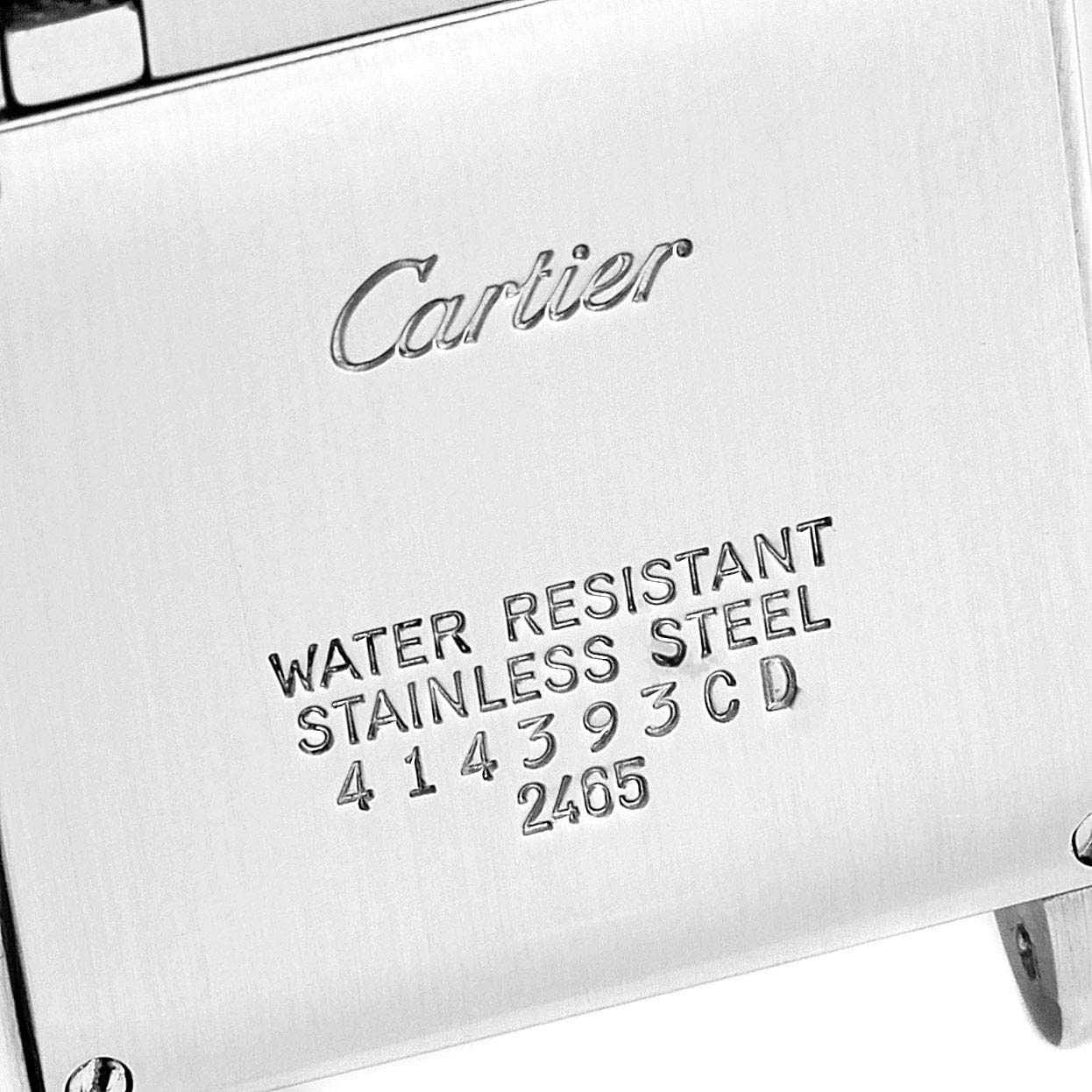 This image shows the back of a Tank Francaise Cartier watch, highlighting its water resistance and stainless steel marking.