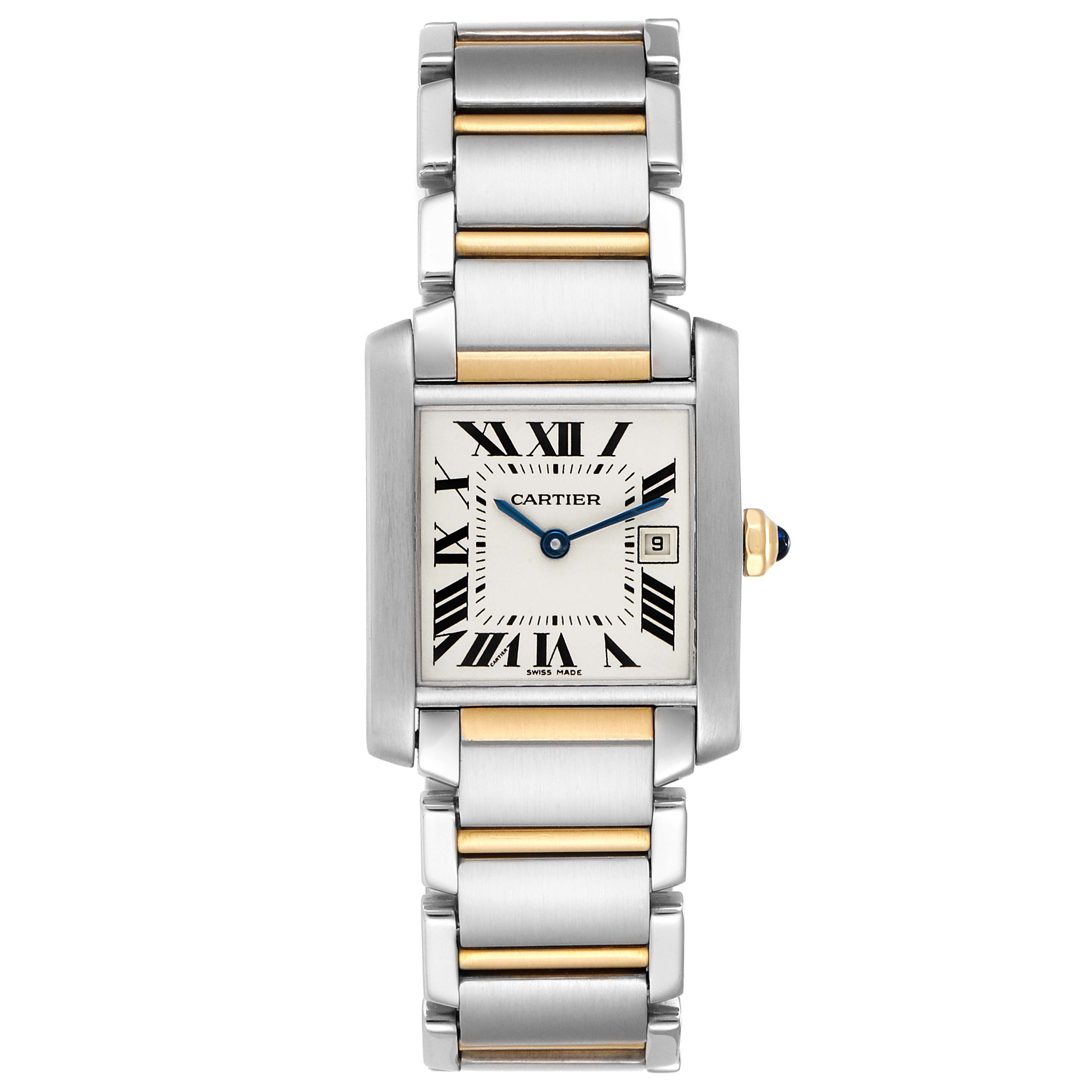 This image shows the front view of a Cartier Tank Francaise W51012Q4 Women
s Stainless Steel Silver Dial W51012Q4 Women
s Stainless Steel Silver Dial watch, depicting the face, hands, bracelet, and clasp.