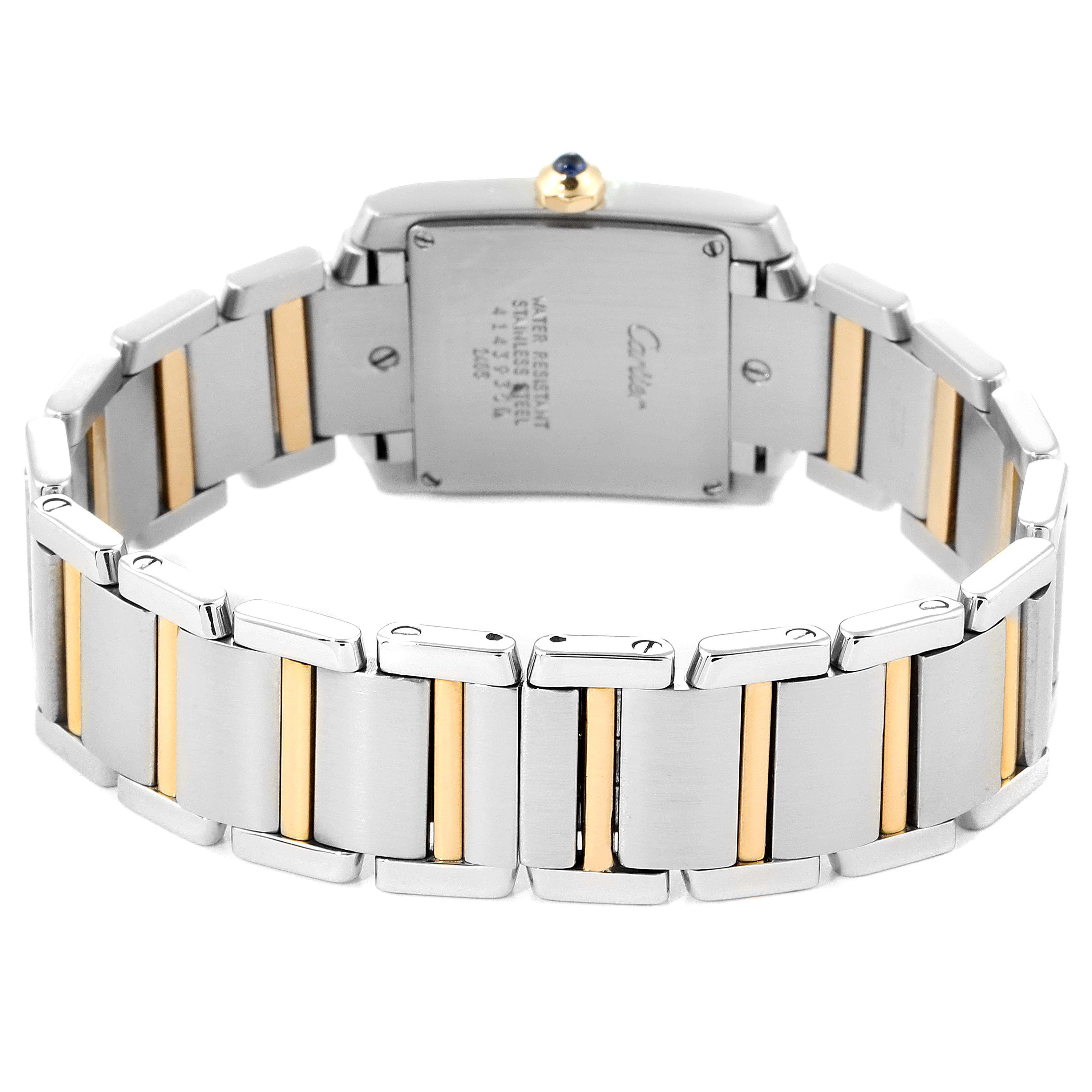 This image shows the back of the Cartier Tank Francaise W51012Q4 Women
s Stainless Steel Silver Dial W51012Q4 Women
s Stainless Steel Silver Dial watch, featuring its stainless steel and gold bracelet.