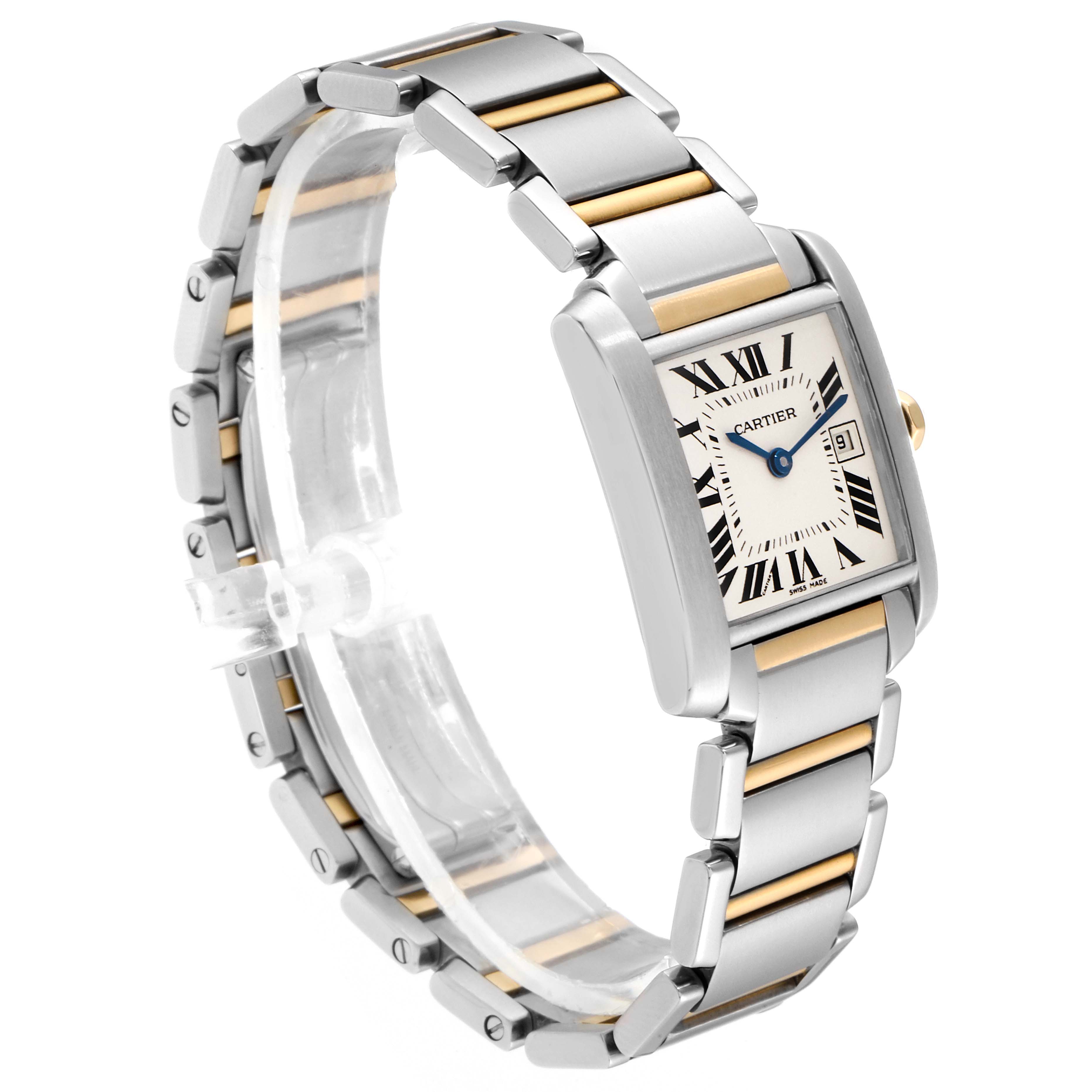 The image shows a side angle of the Cartier Tank Francaise W51012Q4 Women
s Stainless Steel Silver Dial W51012Q4 Women
s Stainless Steel Silver Dial watch, highlighting its bracelet, face, and Roman numeral dial.