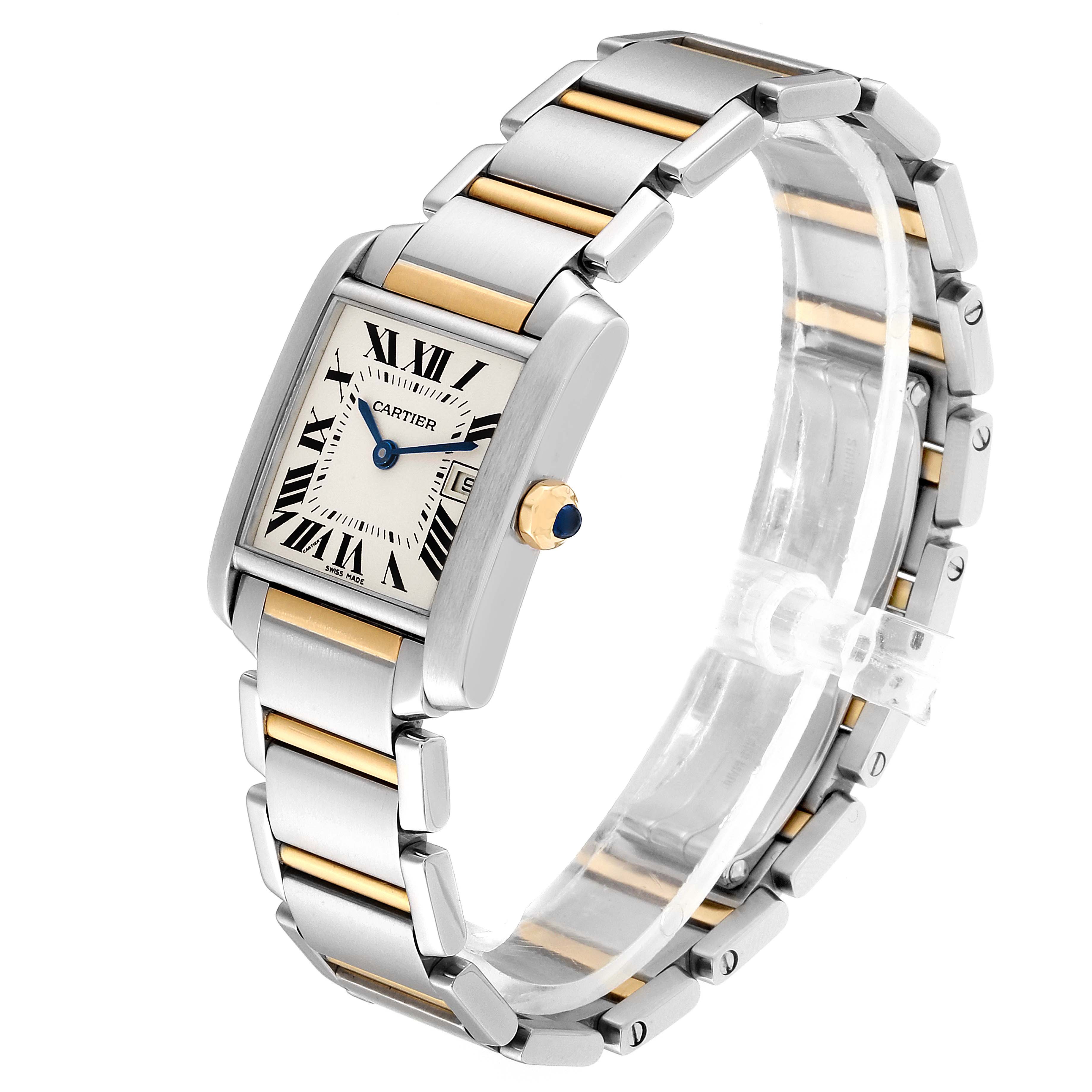 The Cartier Tank Française watch is shown at an angled side view, displaying the face, bezel, and part of the bracelet.