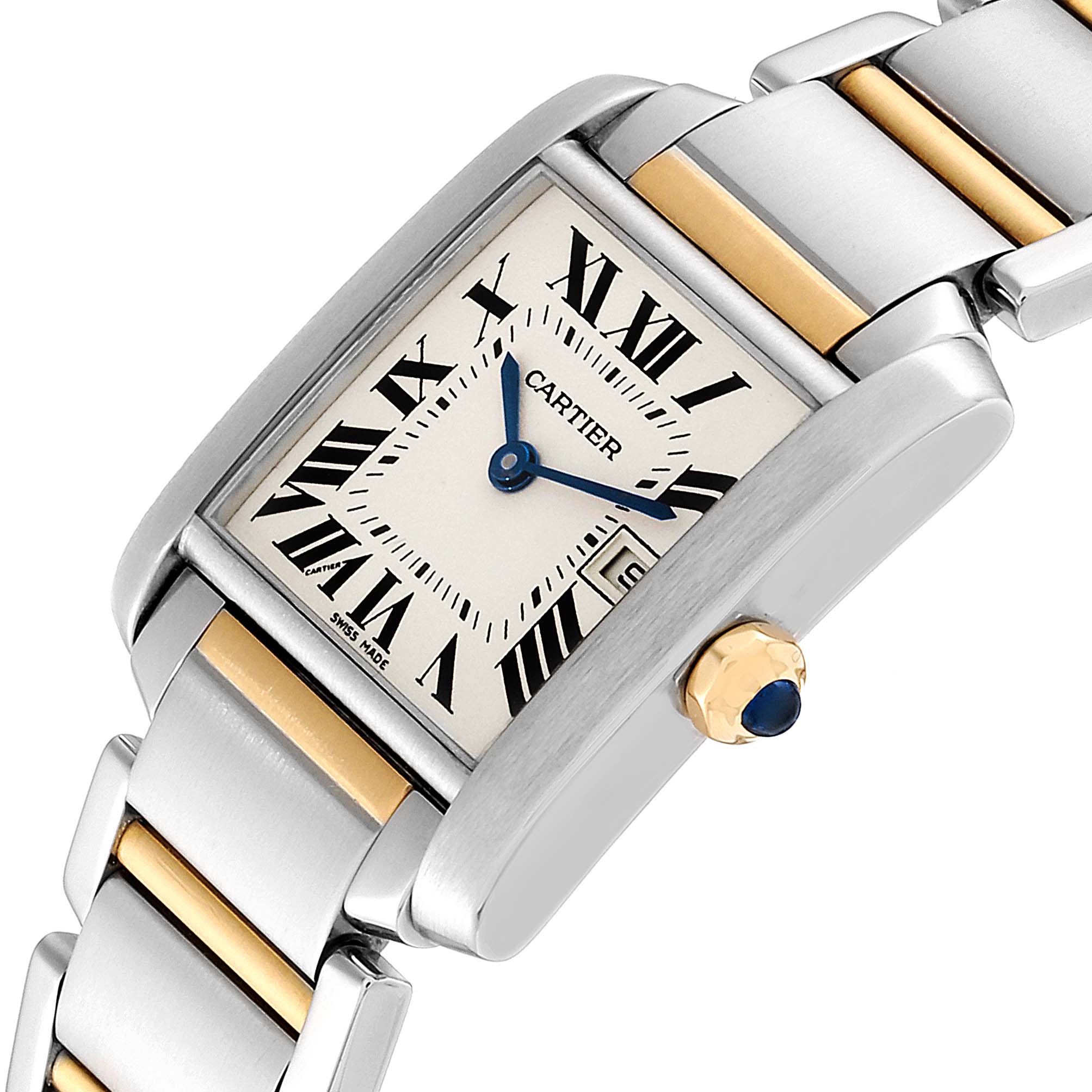 The image shows a close-up view of the Cartier Tank Française watch face and part of the two-tone bracelet from an angled perspective.