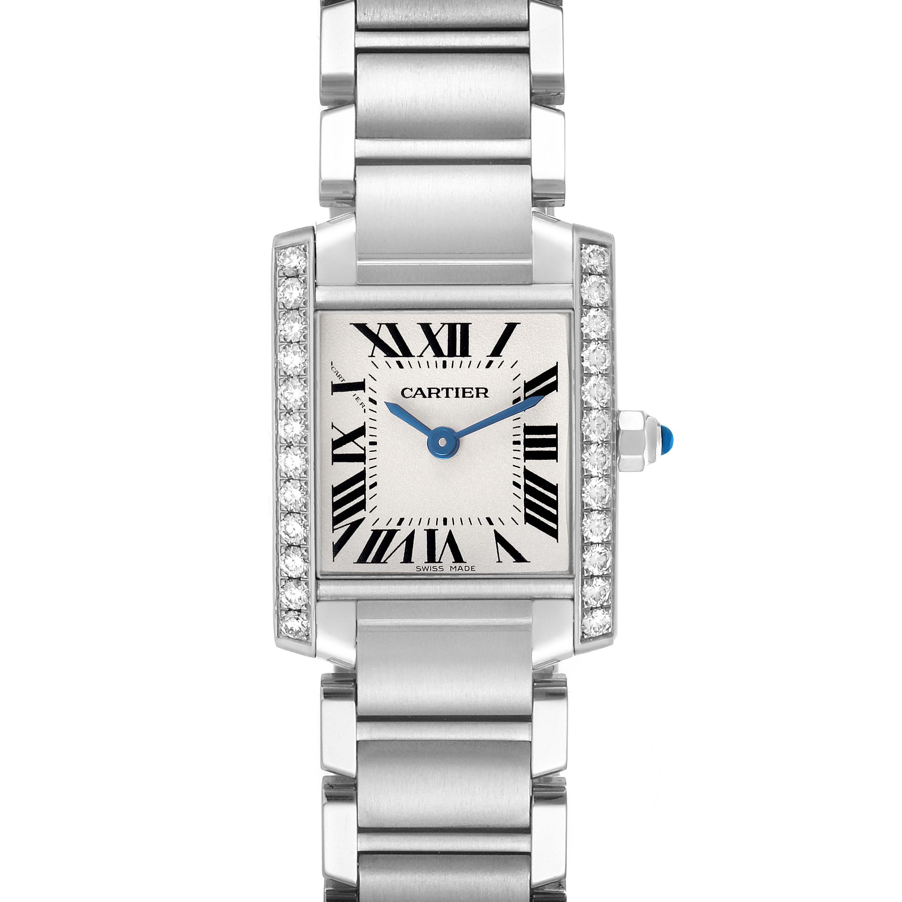 The Cartier Tank Francaise W4TA0008 Women's Stainless Steel Silver Dial watch is shown from the front, highlighting the Roman numeral dial, bracelet, and diamond-set bezel.