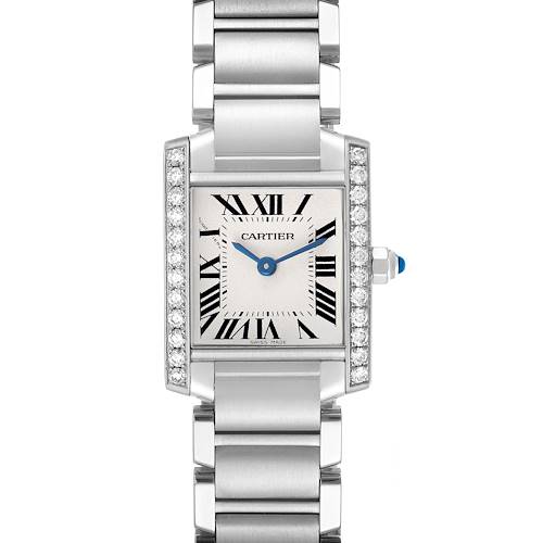 The Cartier Tank Française watch is shown from a top-down angle, displaying the face, bracelet, and diamond-studded bezel.
