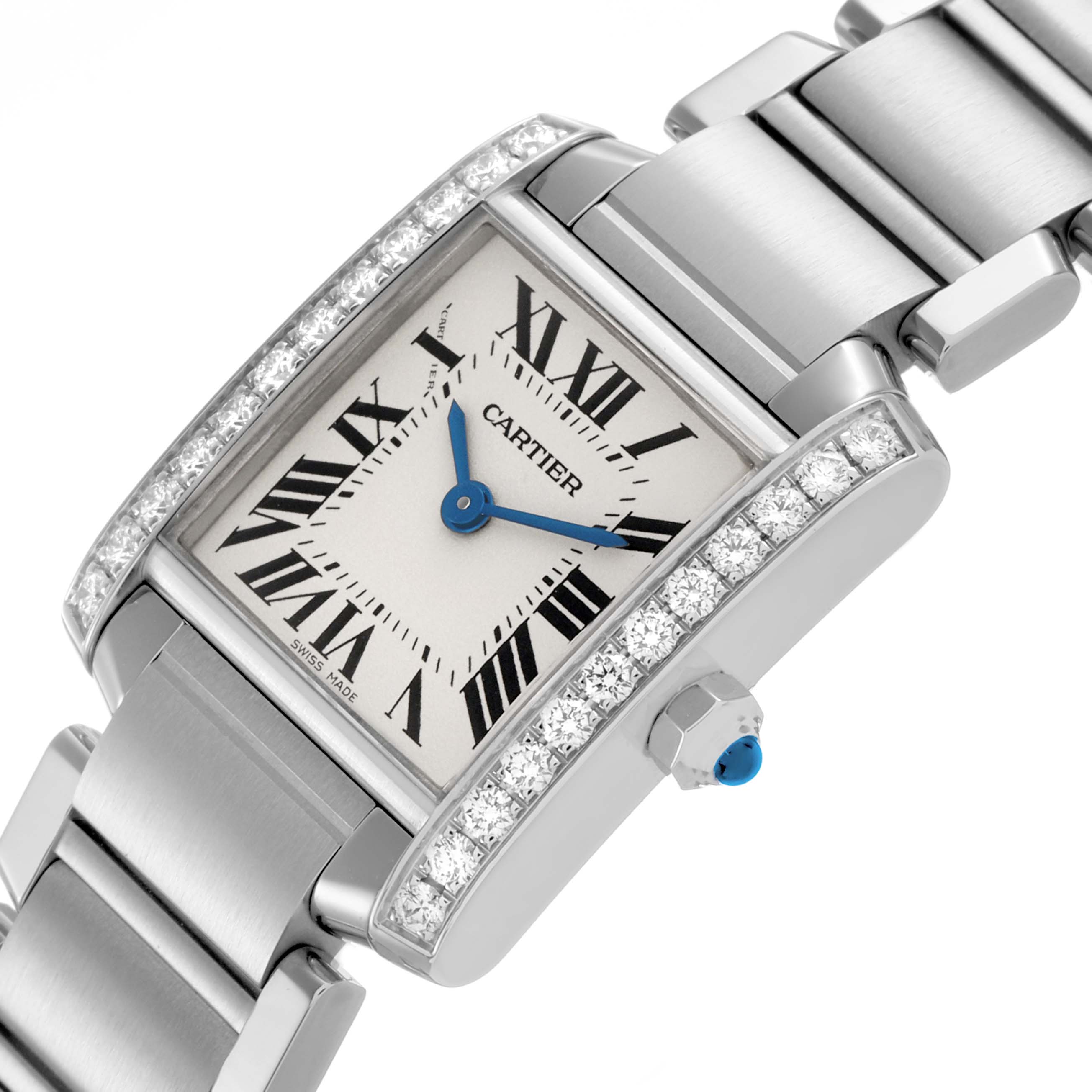 The Cartier Tank Française watch is shown from an angled side view, highlighting its diamond accents, square face, and bracelet.