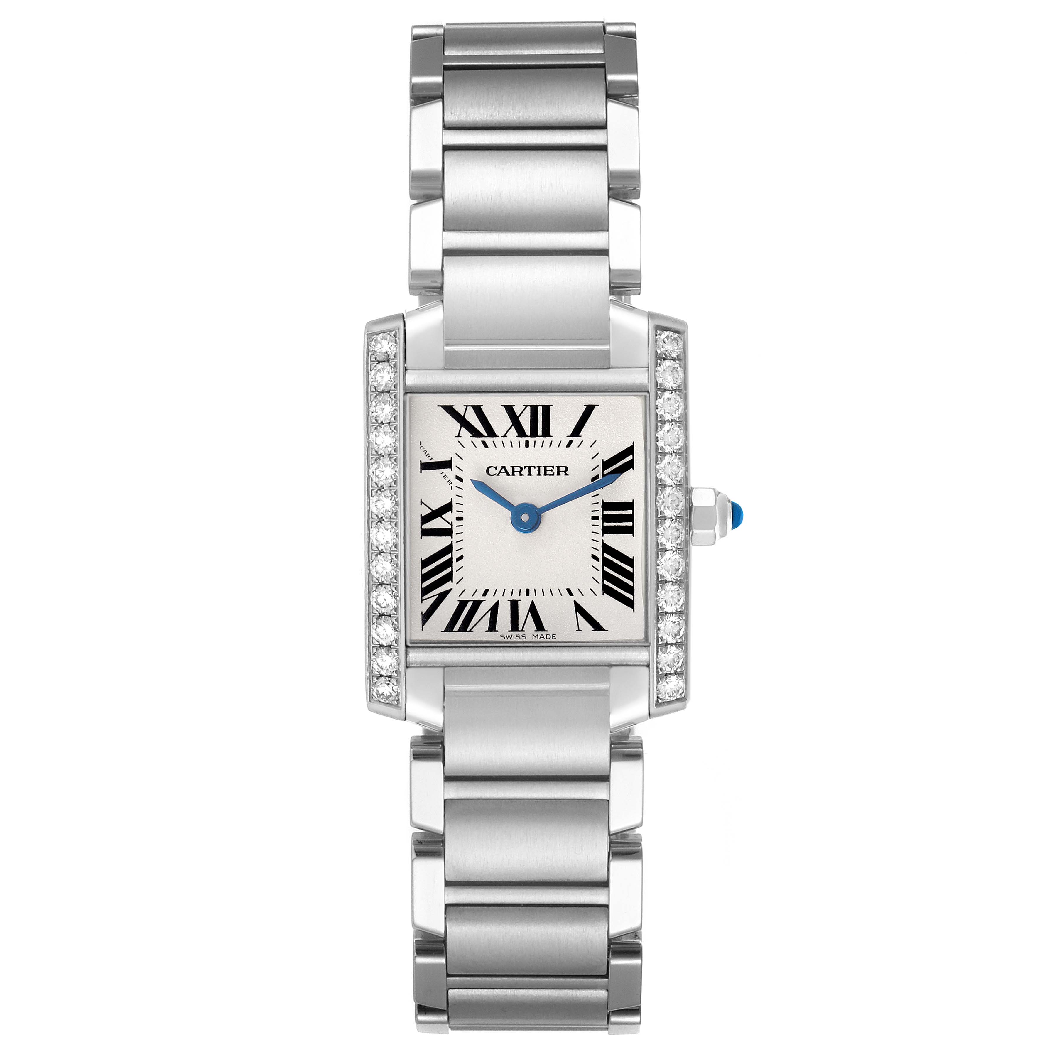 The Cartier Tank Francaise W4TA0008 Women's Stainless Steel Silver Dial watch is shown from a top view, highlighting its face, bracelet, and jeweled bezel.