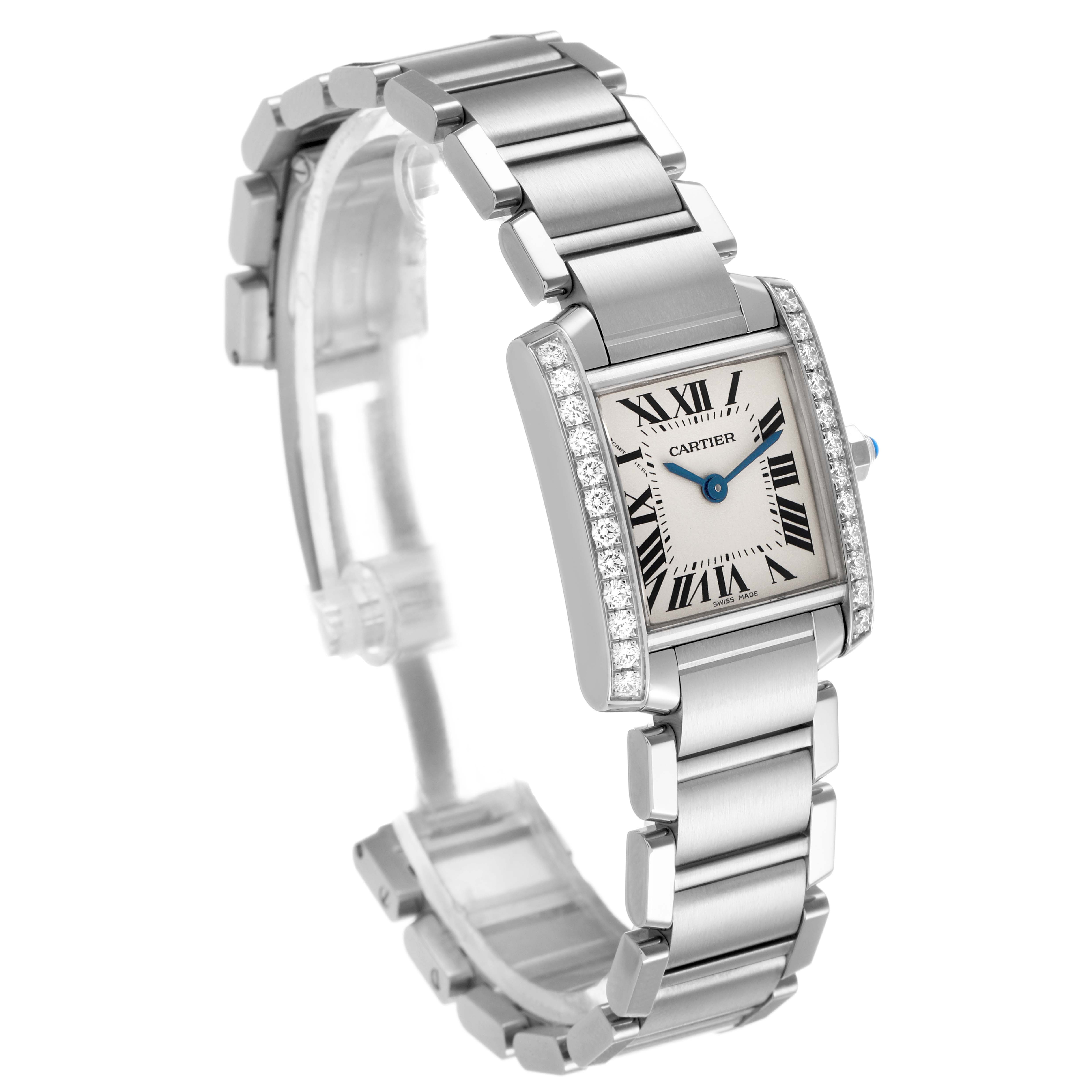 The image shows a Cartier Tank Francaise W4TA0008 Women's Stainless Steel Silver Dial watch from a three-quarter angle, highlighting the face, bezel, and bracelet.