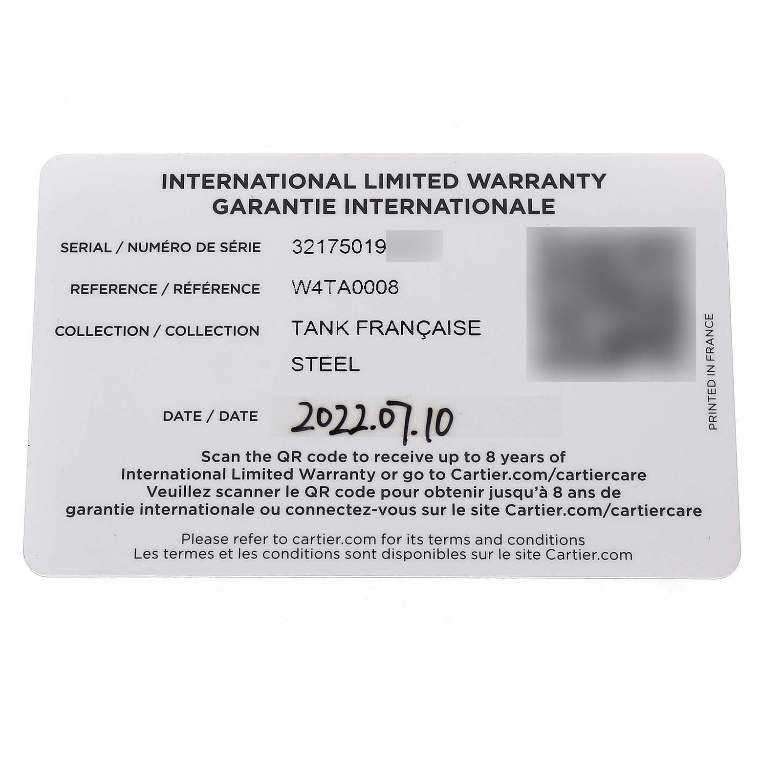 The image shows an International Limited Warranty card for the Cartier Tank Française model.