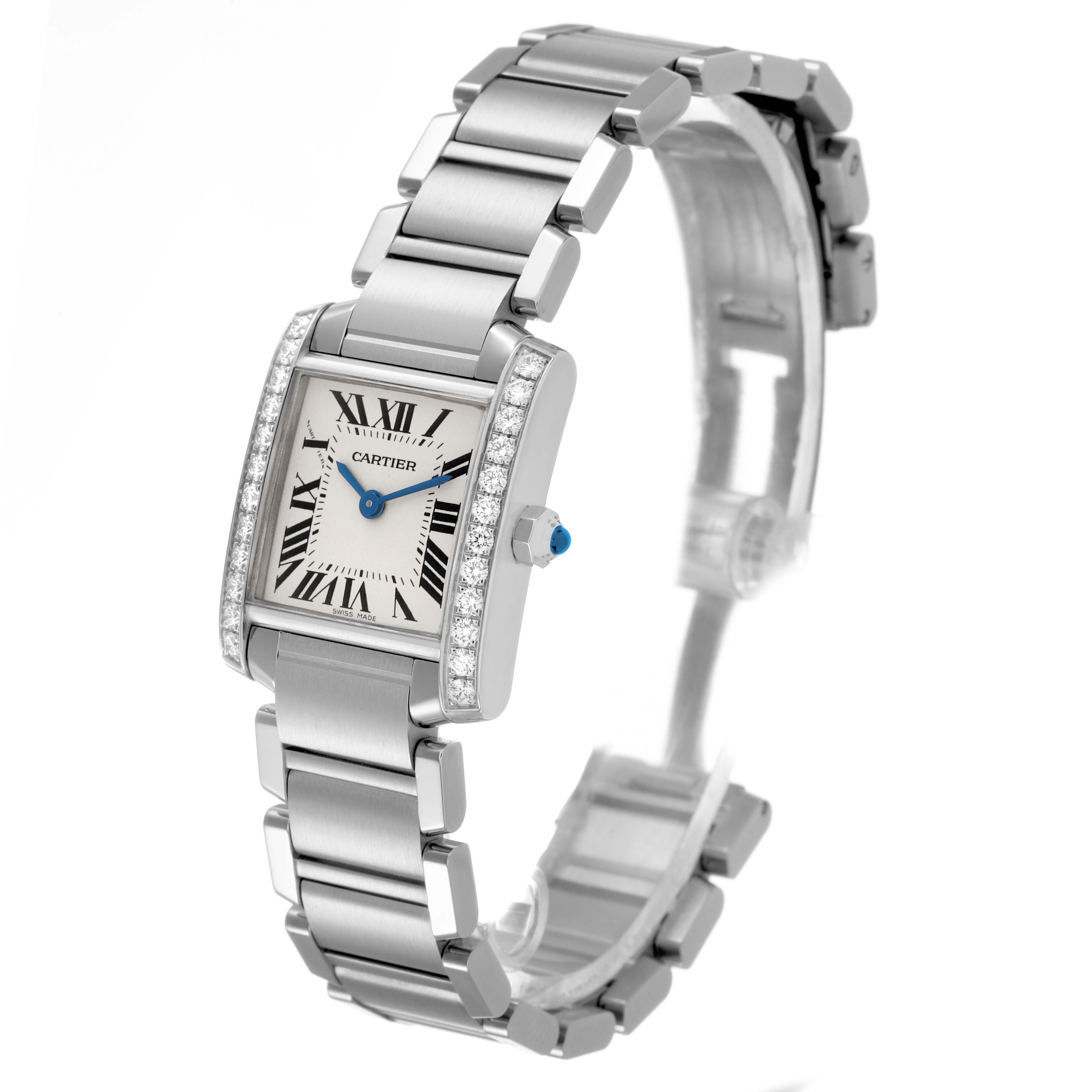 The Cartier Tank Française watch is shown at a side angle, highlighting the face, bracelet, and diamond-set bezel.