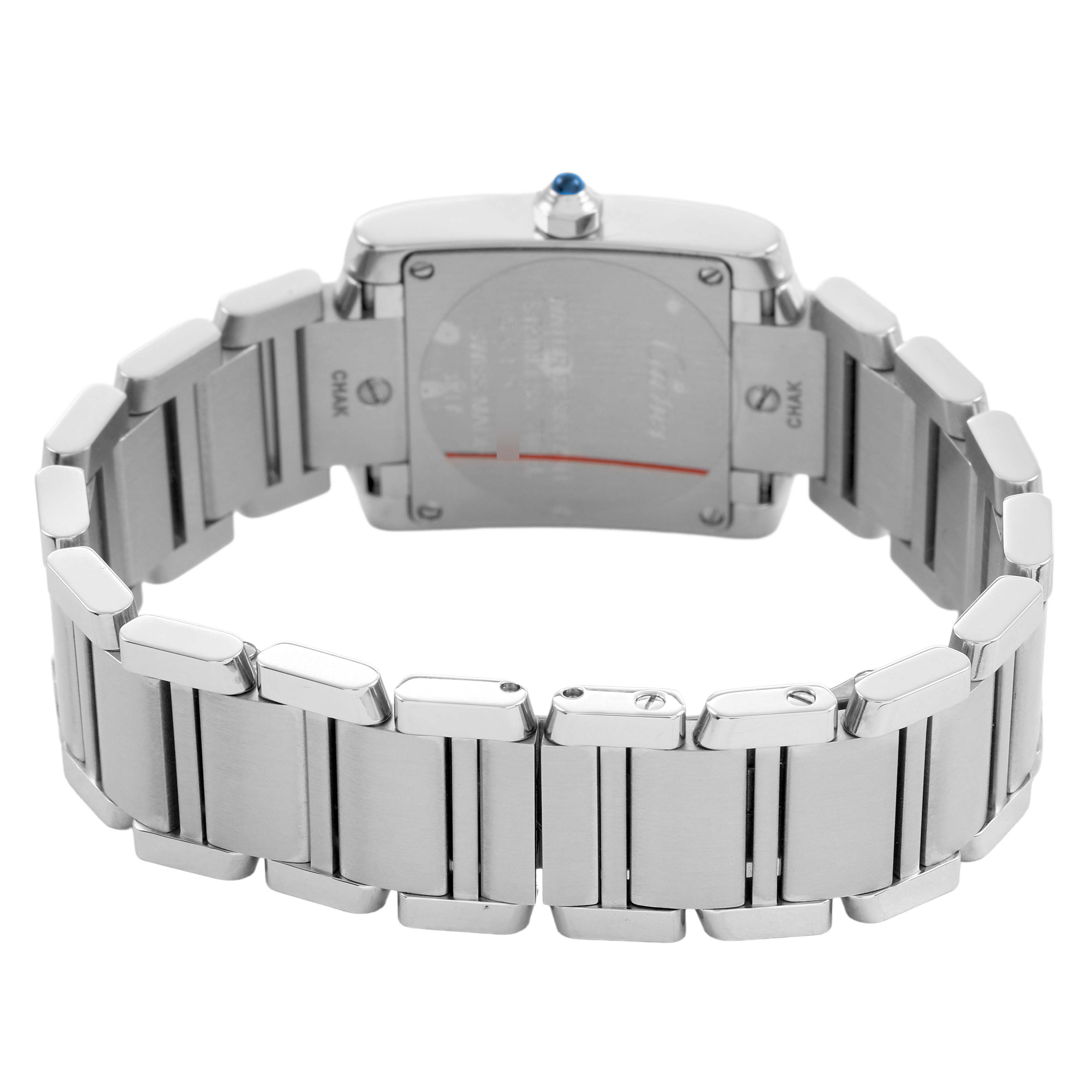 The Cartier Tank Francaise W4TA0008 Women's Stainless Steel Silver Dial watch is shown from the back, highlighting the stainless steel bracelet and caseback.