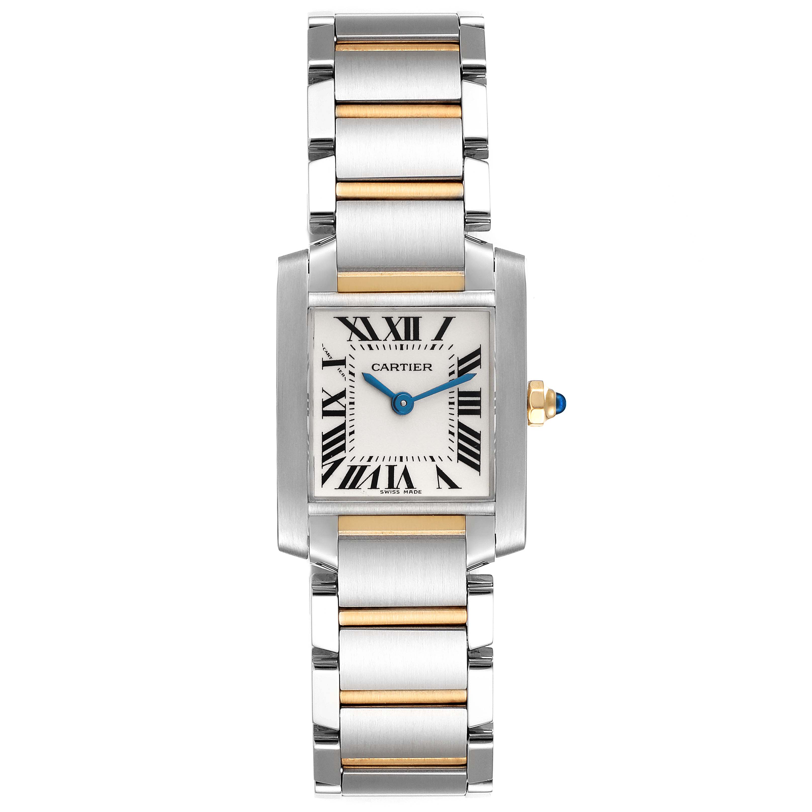The image shows a frontal view of a Cartier Tank Francaise W51007Q4 Women
s Steel and Gold (two tone) Silver Dial W51007Q4 Women
s Steel and Gold (two tone) Silver Dial watch, highlighting its rectangular face, blue hands, and two-tone bracelet.