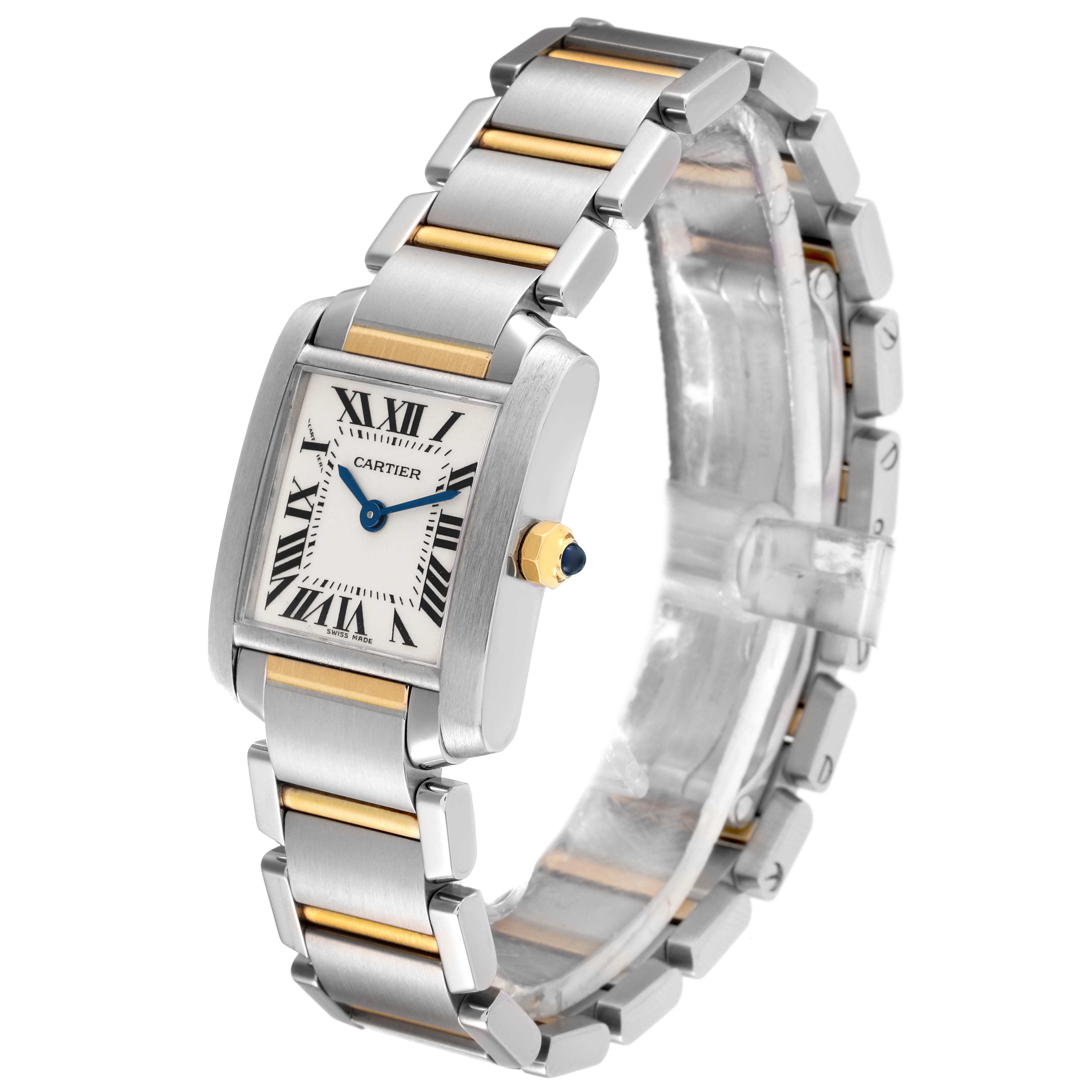 This Cartier Tank Francaise W51007Q4 Women
s Steel and Gold (two tone) Silver Dial W51007Q4 Women
s Steel and Gold (two tone) Silver Dial watch is shown at an angle displaying its face, bracelet, and crown with a blue sapphire cabochon.