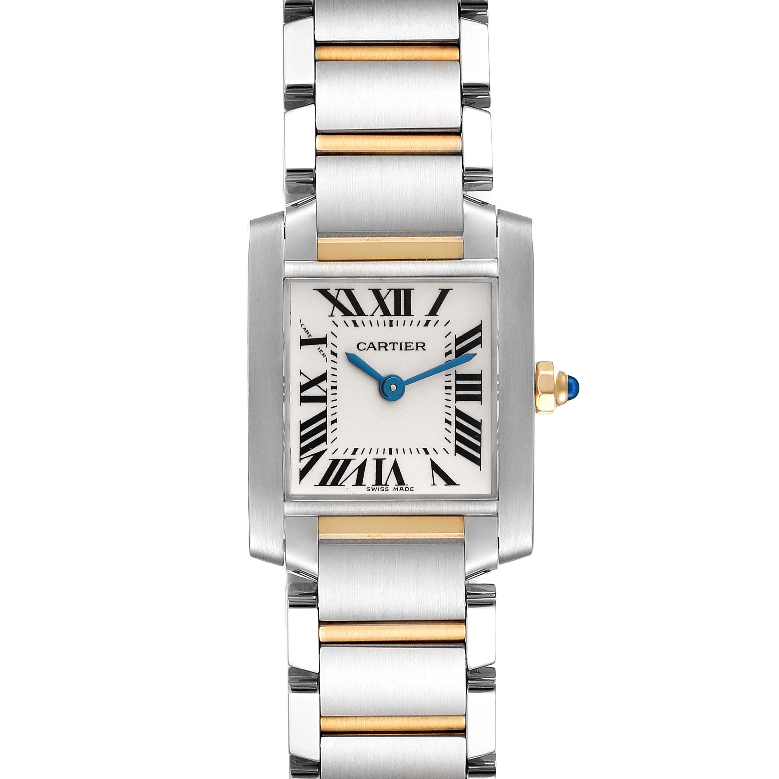 The image shows a head-on view of the Cartier Tank Francaise W51007Q4 Women
s Steel and Gold (two tone) Silver Dial W51007Q4 Women
s Steel and Gold (two tone) Silver Dial watch, highlighting its rectangular dial, Roman numerals, blue hands, and metal bracelet.