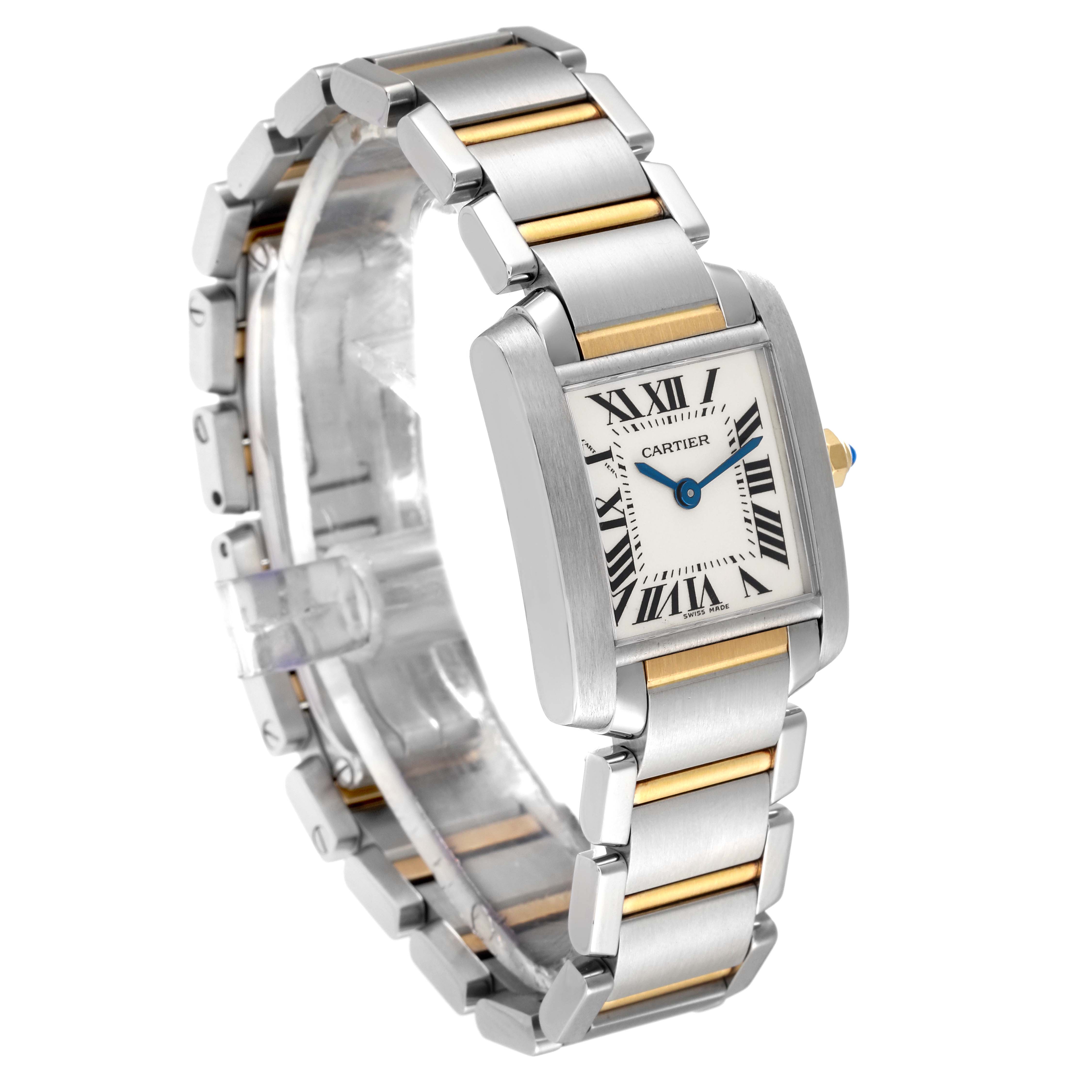 The image shows a Cartier Tank Francaise W51007Q4 Women
s Steel and Gold (two tone) Silver Dial W51007Q4 Women
s Steel and Gold (two tone) Silver Dial watch at a three-quarter angle, highlighting its rectangular face and two-tone metal bracelet.