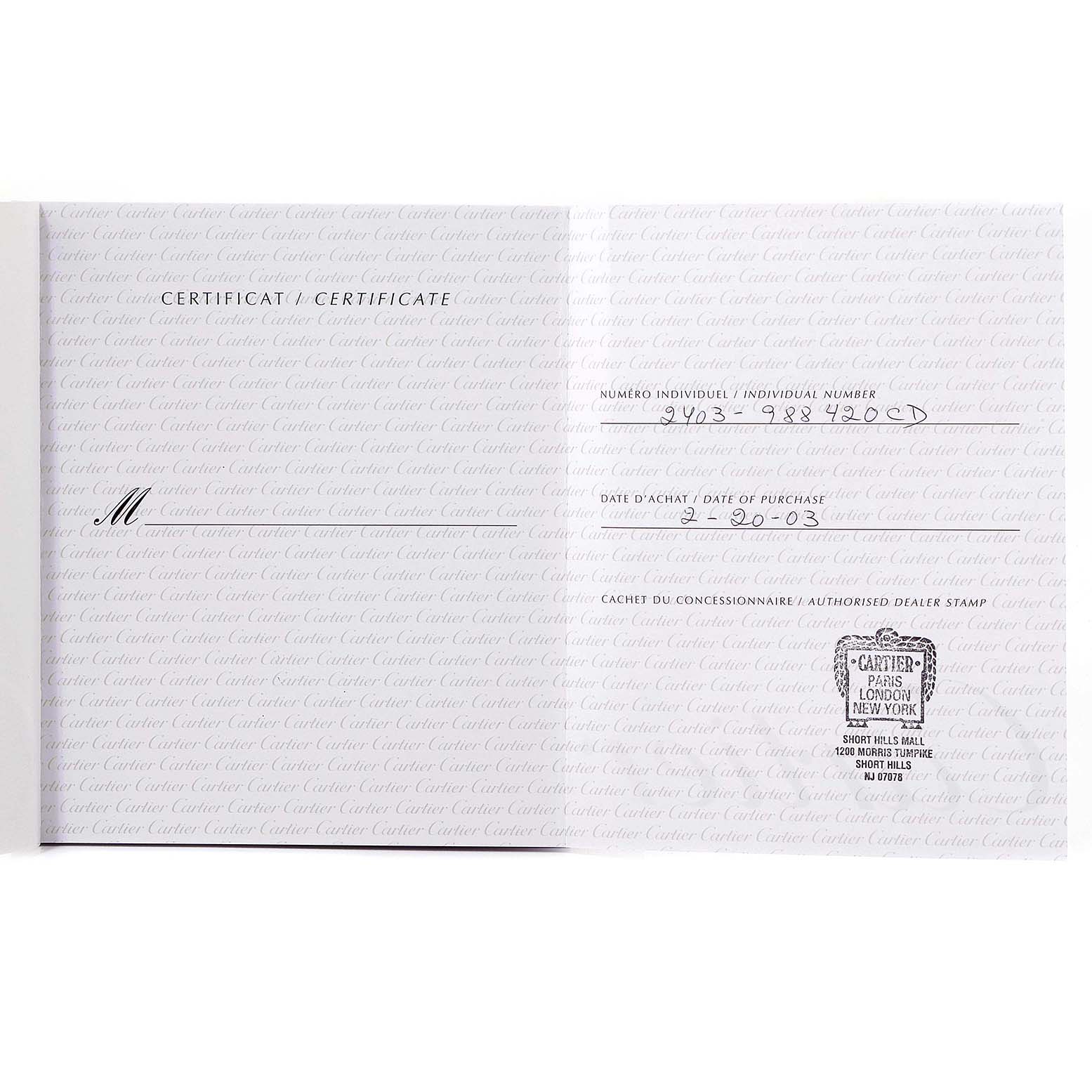 The image shows a certificate for the Cartier Tank Française watch, including individual number, date of purchase, and dealer stamp.