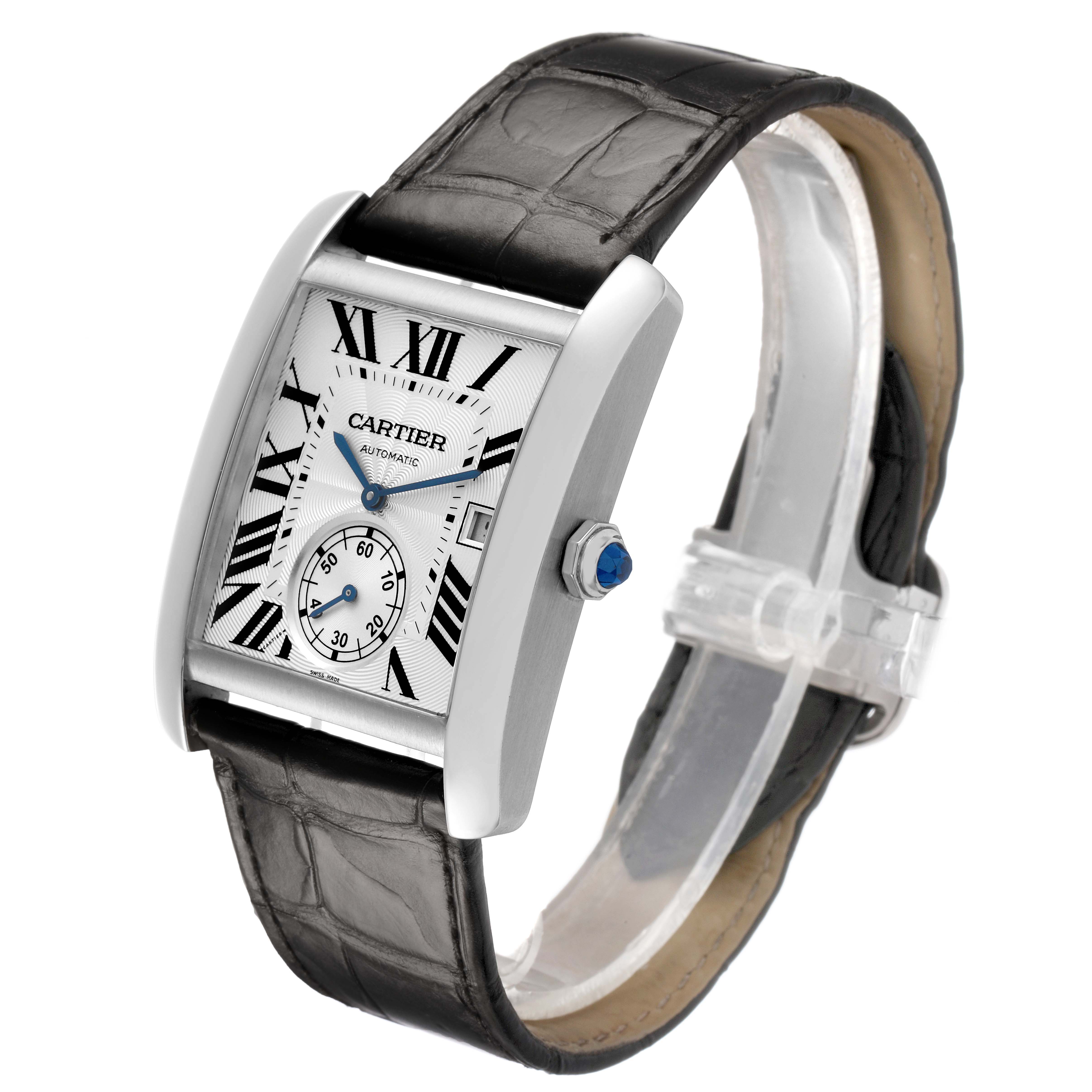 The Cartier Tank MC W5330003 Men's Stainless Steel Silver Dial watch is shown at a three-quarter angle, highlighting the dial, case, crown, and strap.
