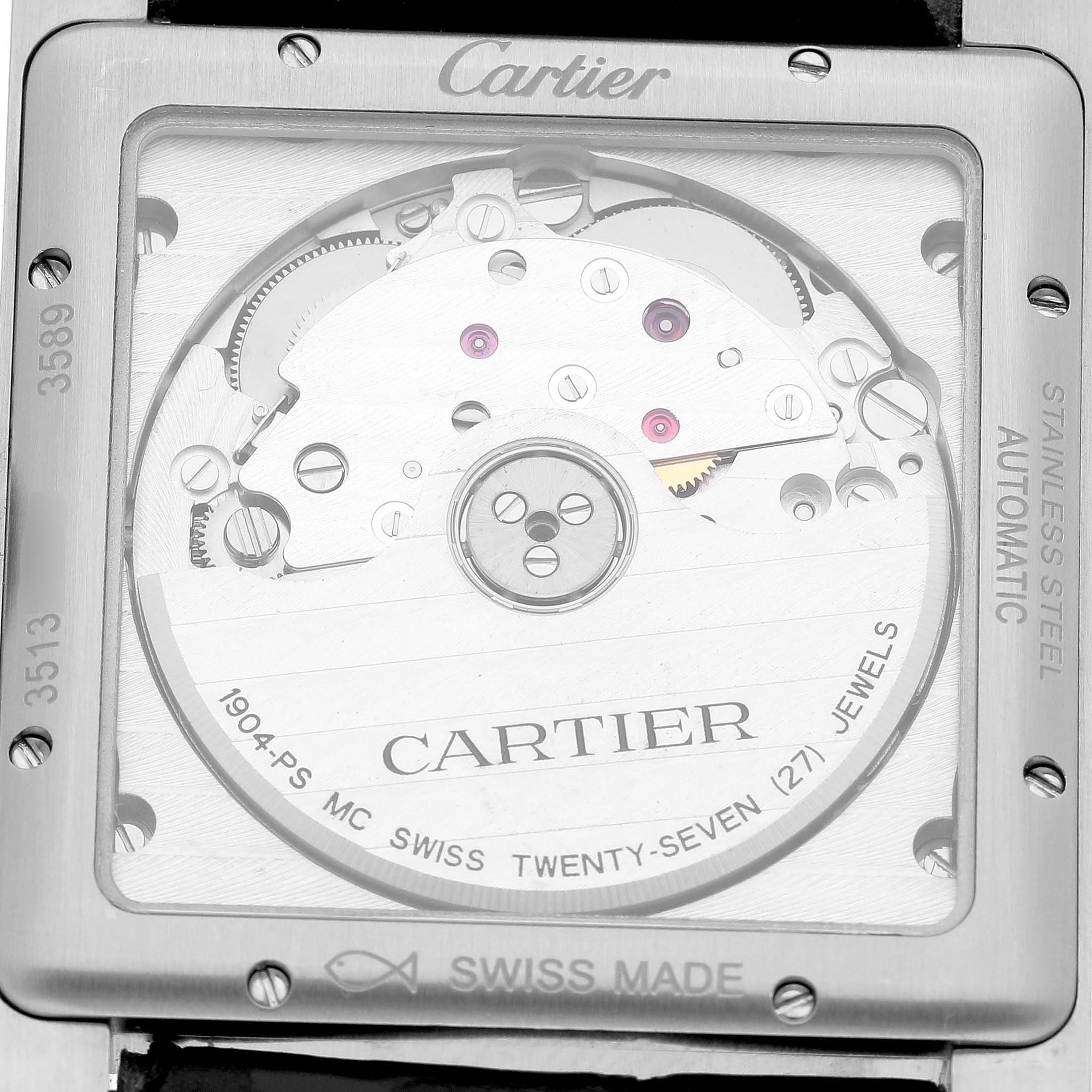The image shows the back view of the Cartier Tank MC W5330003 Men's Stainless Steel Silver Dial watch, displaying its automatic movement and details.