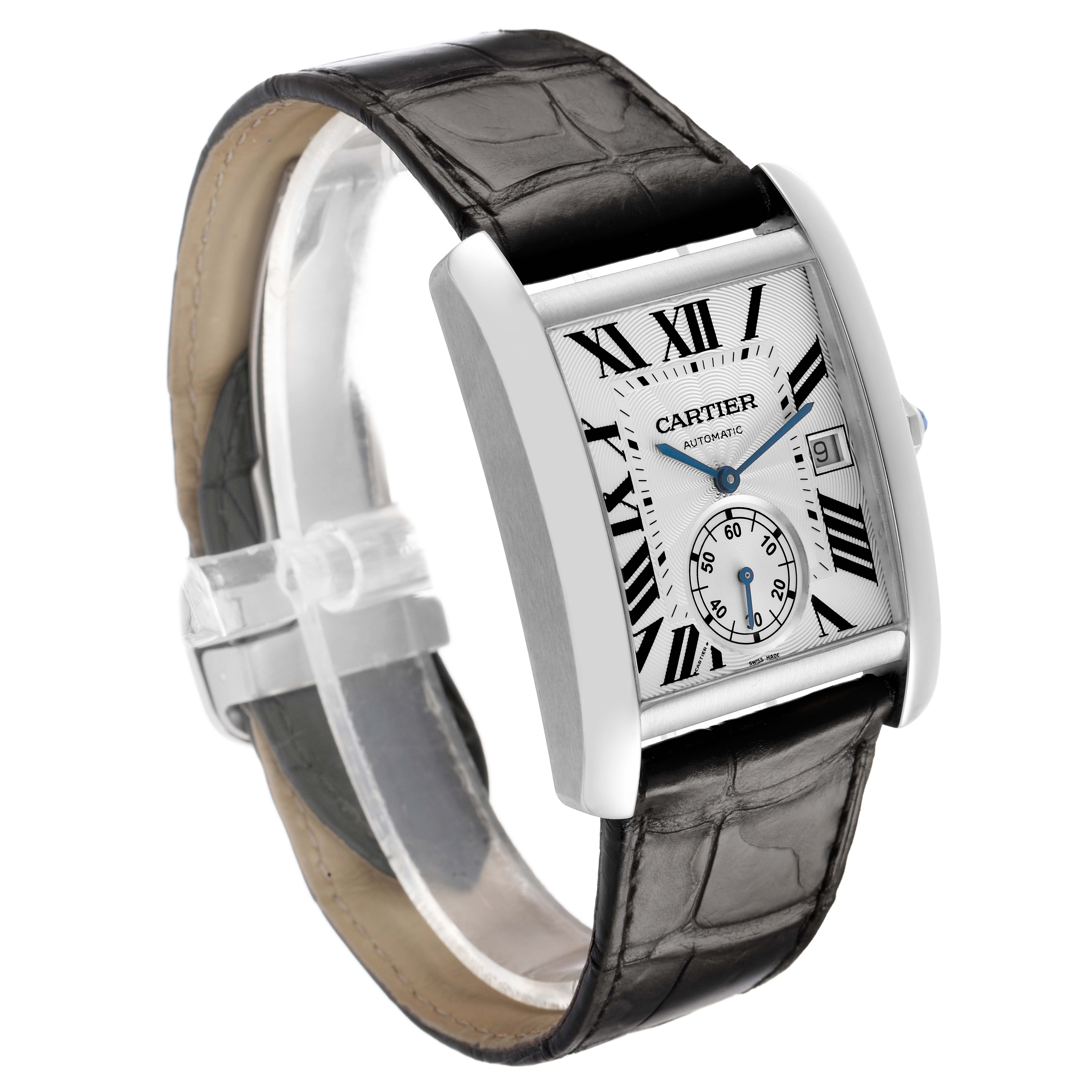 The Cartier Tank MC W5330003 Men's Stainless Steel Silver Dial watch is shown at an angle, displaying the face, Roman numerals, sub-dial, and strap.