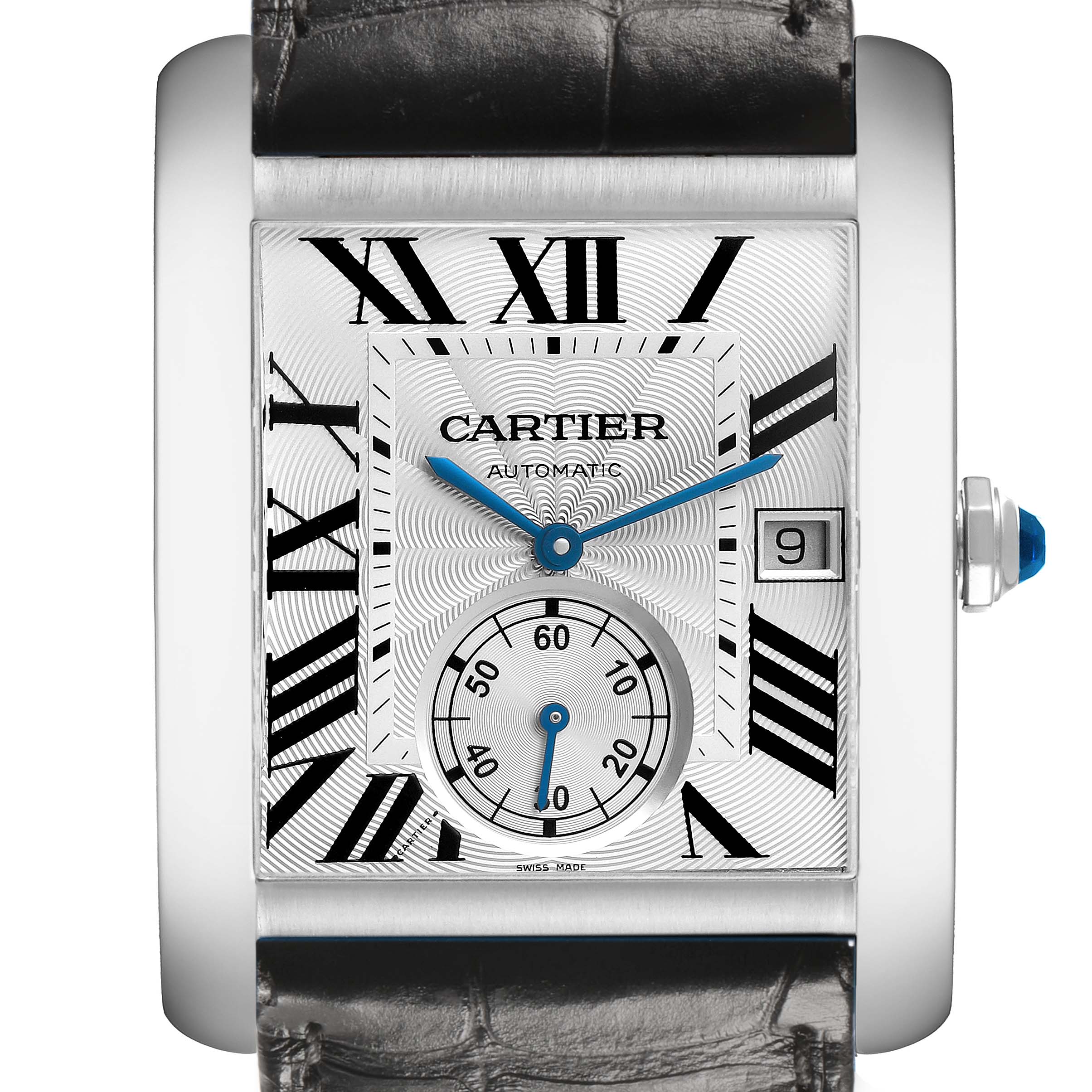 The Cartier Tank MC W5330003 Men's Stainless Steel Silver Dial watch is shown from the front, displaying the dial, hands, Roman numerals, date window, and leather strap.