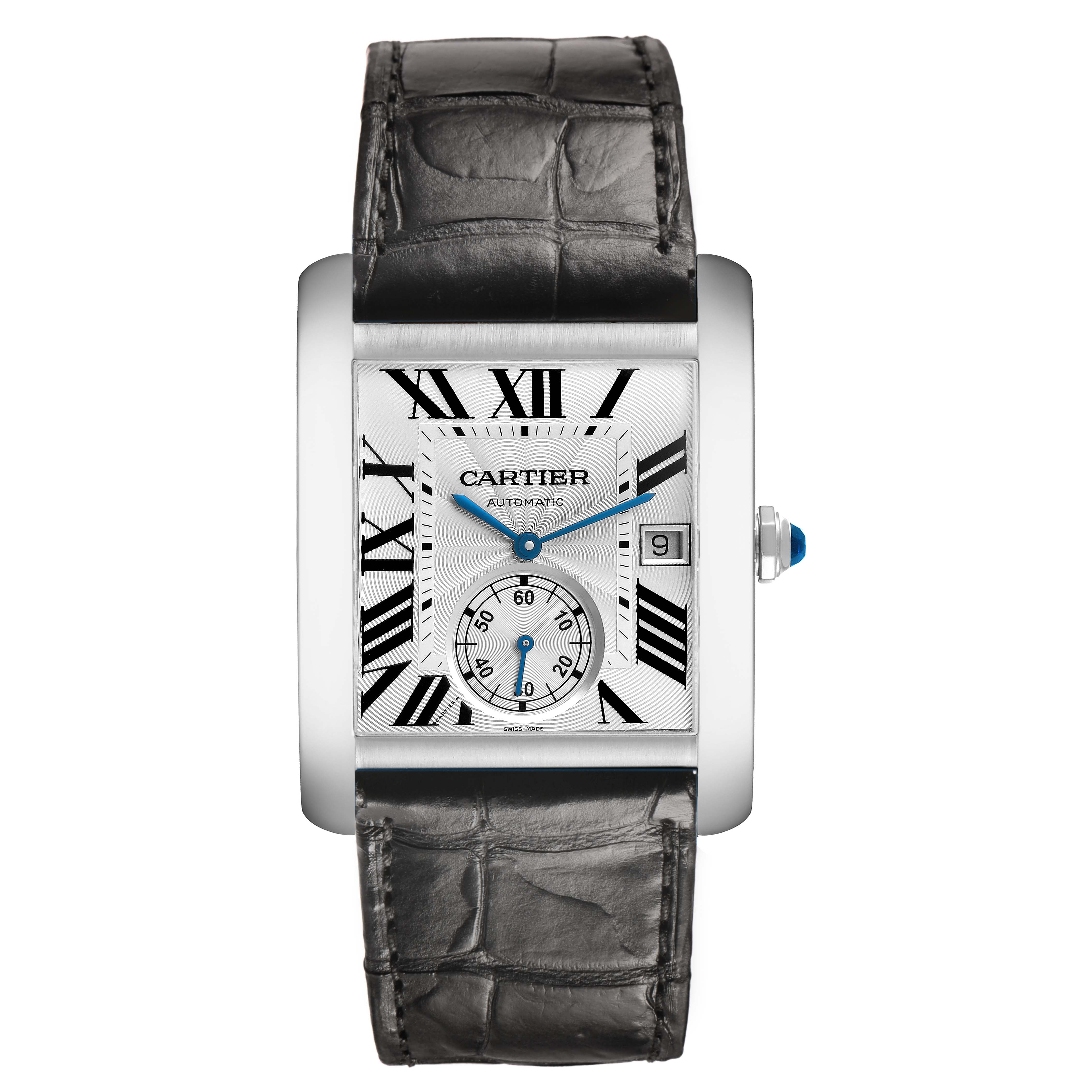 The Cartier Tank MC W5330003 Men's Stainless Steel Silver Dial watch is shown from a front angle, highlighting the dial, Roman numerals, and leather strap.