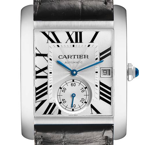 The Cartier Tank MC W5330003 Men's Stainless Steel Silver Dial watch is shown from a front angle highlighting its face, Roman numerals, and a date window.