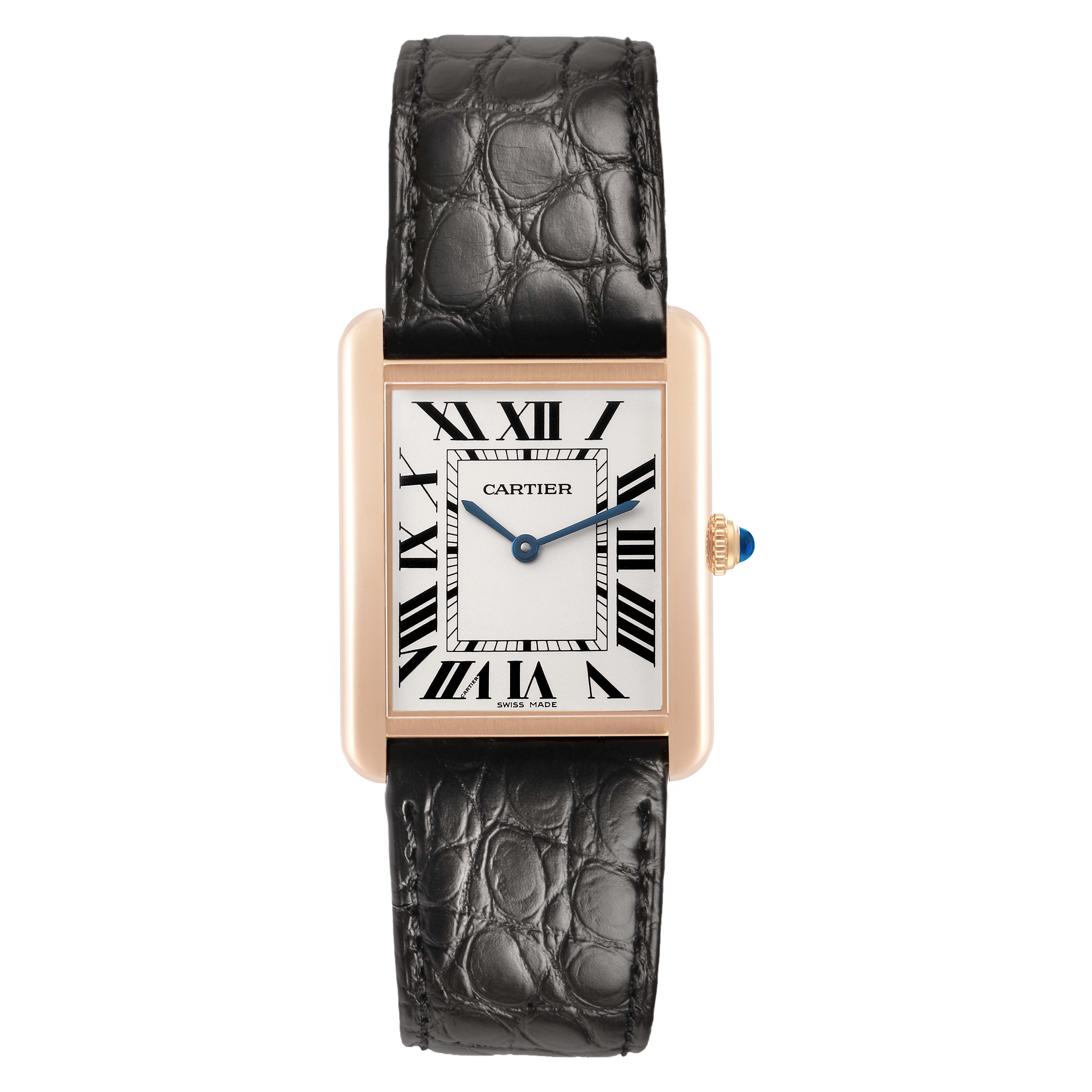 The Cartier Tank Solo W5200025 Men's Steel and Gold (two tone) Silver Dial watch is shown from the front, displaying the face, Roman numerals, and black leather strap.
