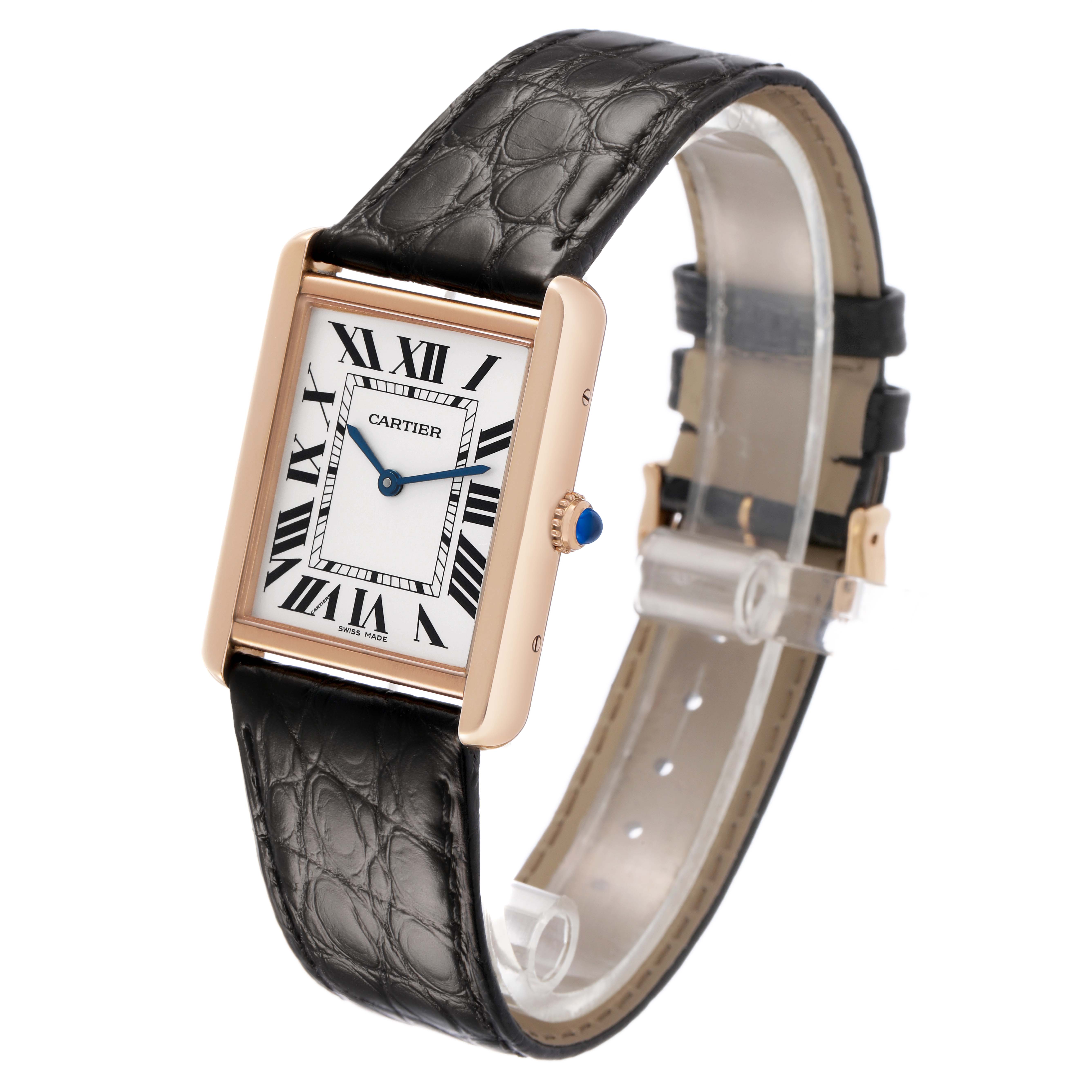 The Cartier Tank Solo W5200025 Men's Steel and Gold (two tone) Silver Dial watch is shown at a three-quarter angle, displaying the face, Roman numerals, crown, and leather strap.