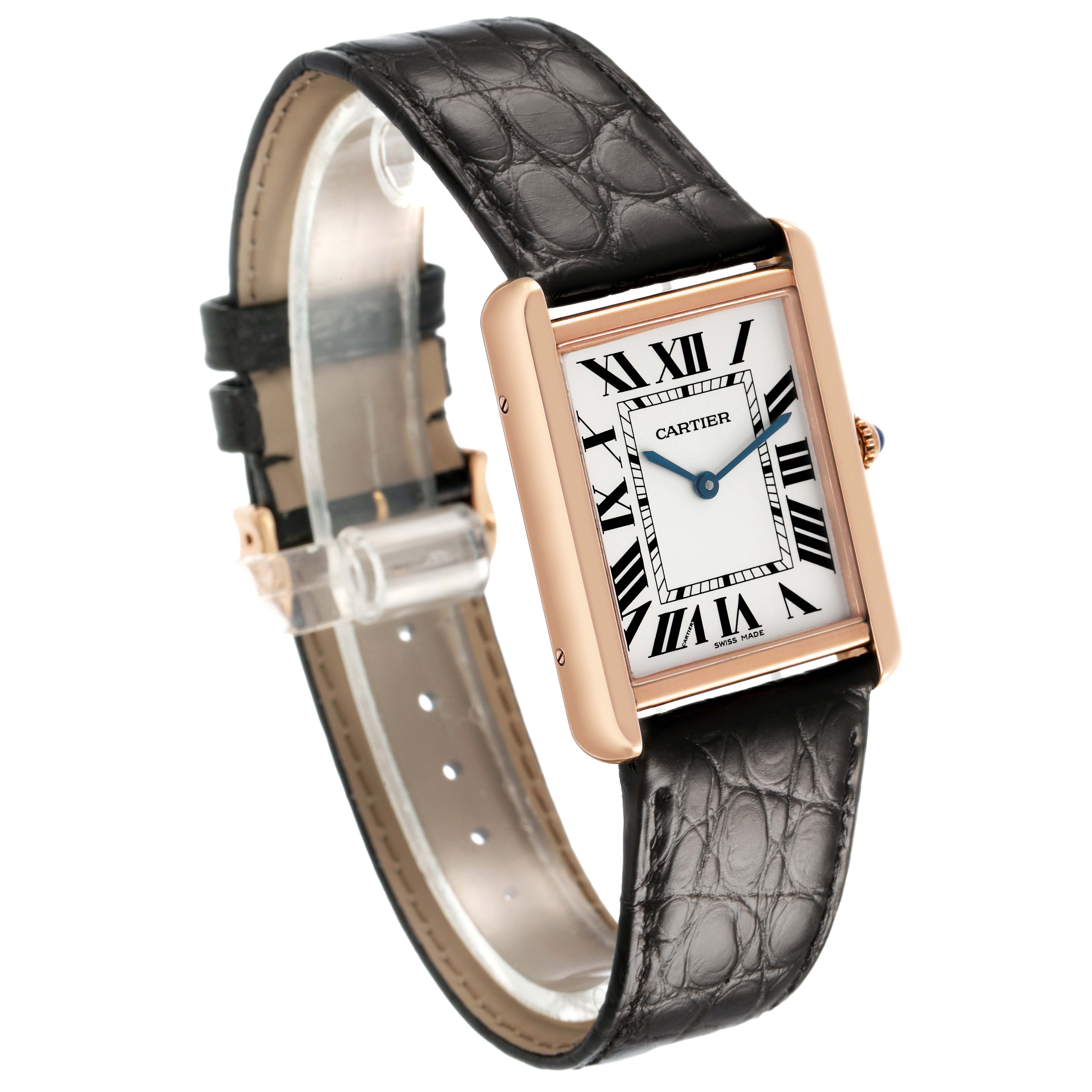 The Cartier Tank Solo W5200025 Men's Steel and Gold (two tone) Silver Dial watch is shown at a three-quarter angle, highlighting its rectangular face, Roman numerals, and leather strap.