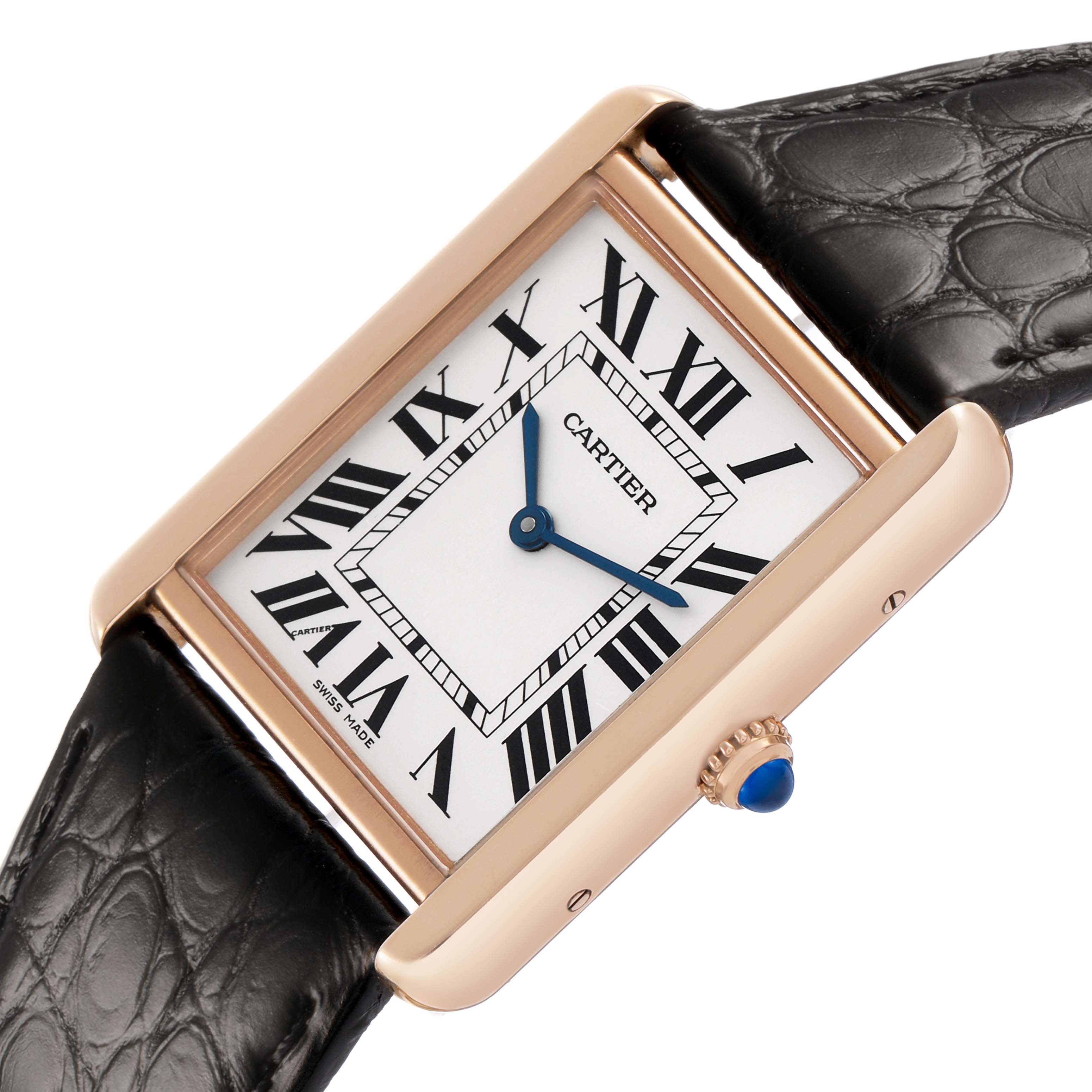 The Cartier Tank Solo W5200025 Men's Steel and Gold (two tone) Silver Dial is shown at a tilted angle, displaying the dial, case, crown, and part of the strap.