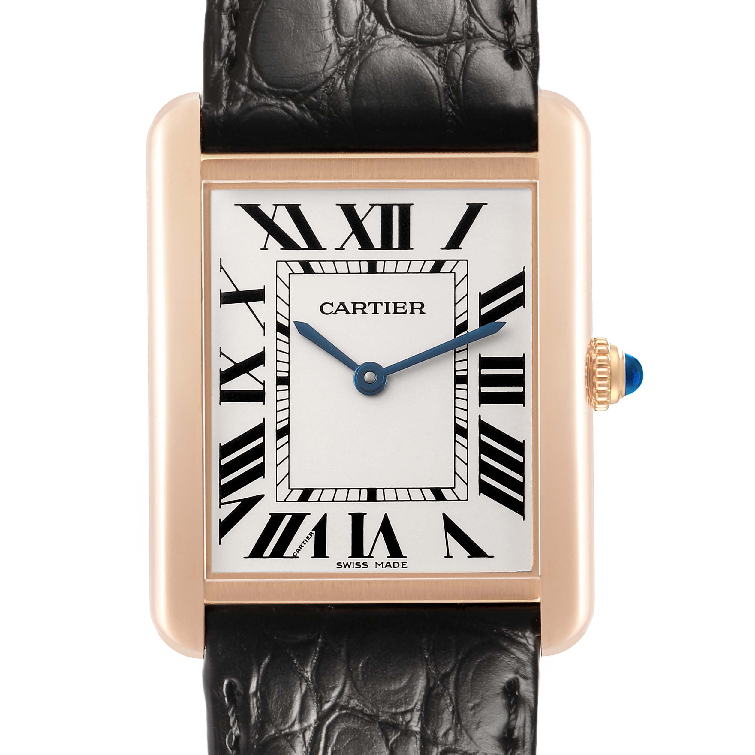 The Cartier Tank Solo W5200025 Men's Steel and Gold (two tone) Silver Dial watch is shown from the front, highlighting its rectangular case, Roman numerals, and black leather strap.