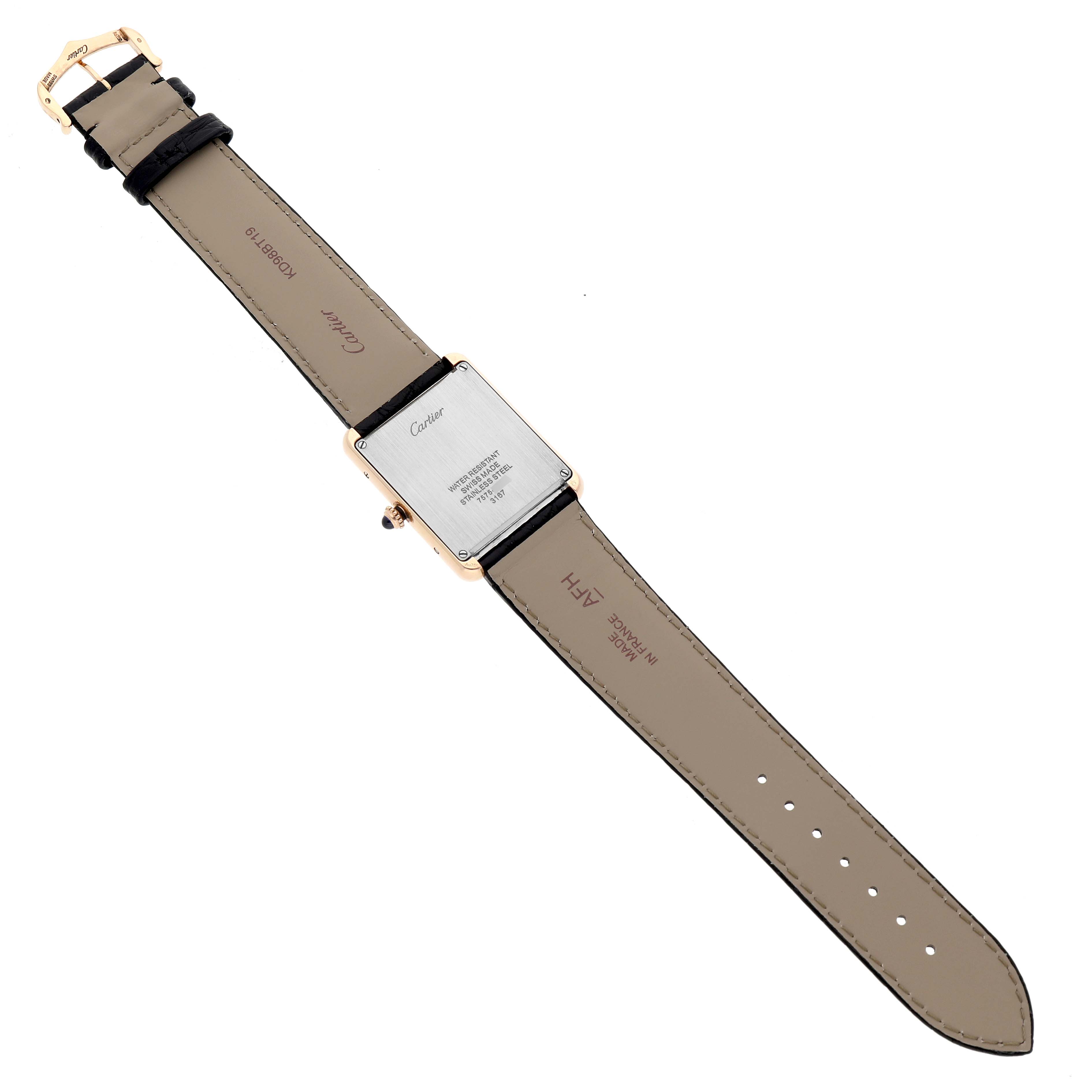 The image shows the Cartier Tank Solo W5200025 Men's Steel and Gold (two tone) Silver Dial watch from the back, highlighting the case, strap, and buckle.