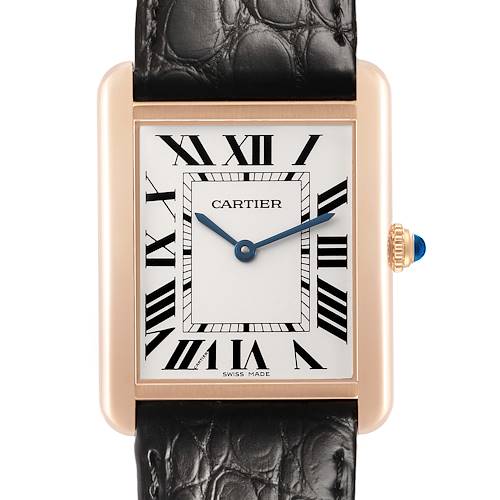 The image shows the Cartier Tank Solo W5200025 Men's Steel and Gold (two tone) Silver Dial watch facing forward, highlighting its rectangular dial, Roman numerals, and black leather strap.