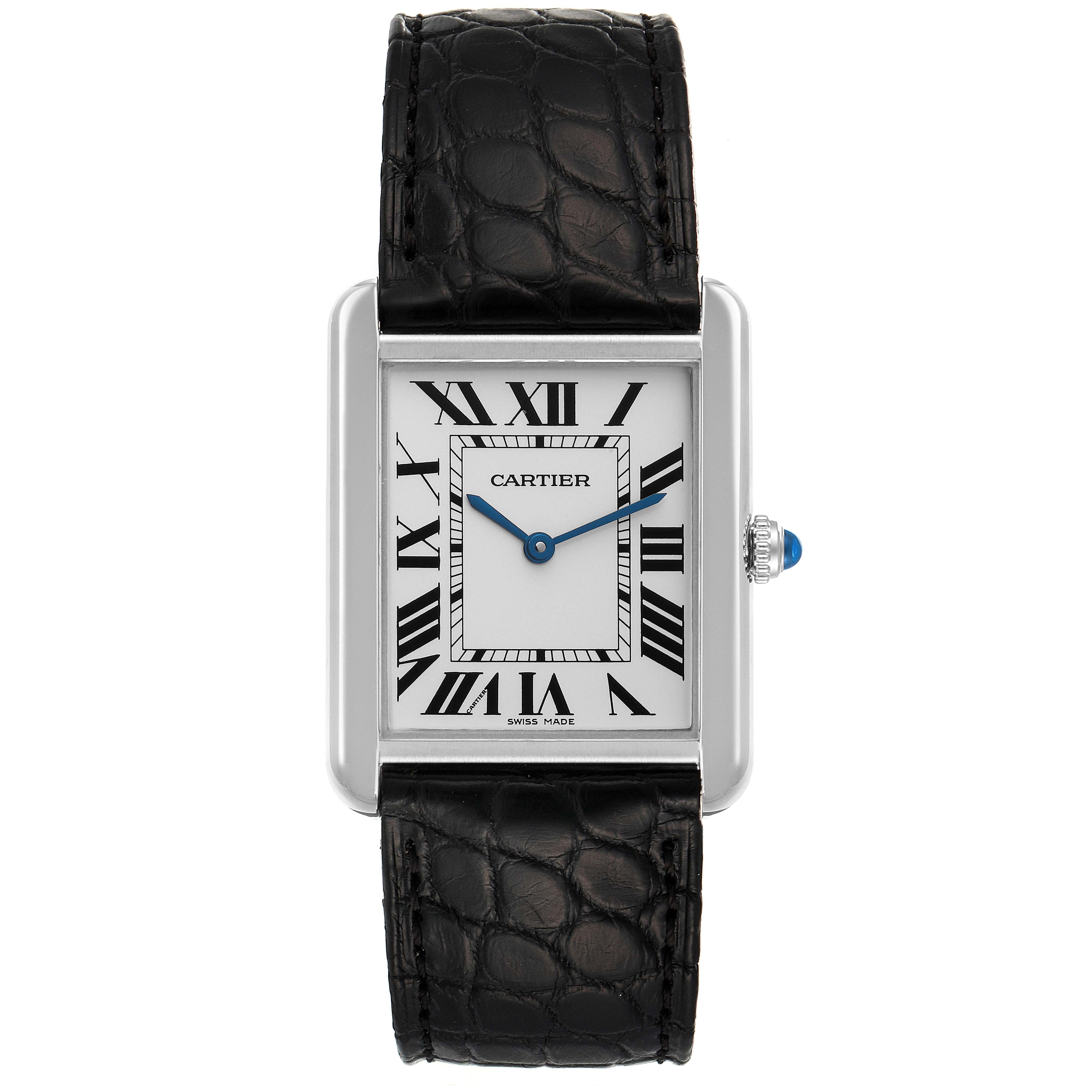 This image shows the Cartier Tank Solo W1018355 Men's Stainless Steel Silver Dial W1018355 Men's Stainless Steel Silver Dial watch from a front angle, displaying the dial, case, crown, and leather strap.