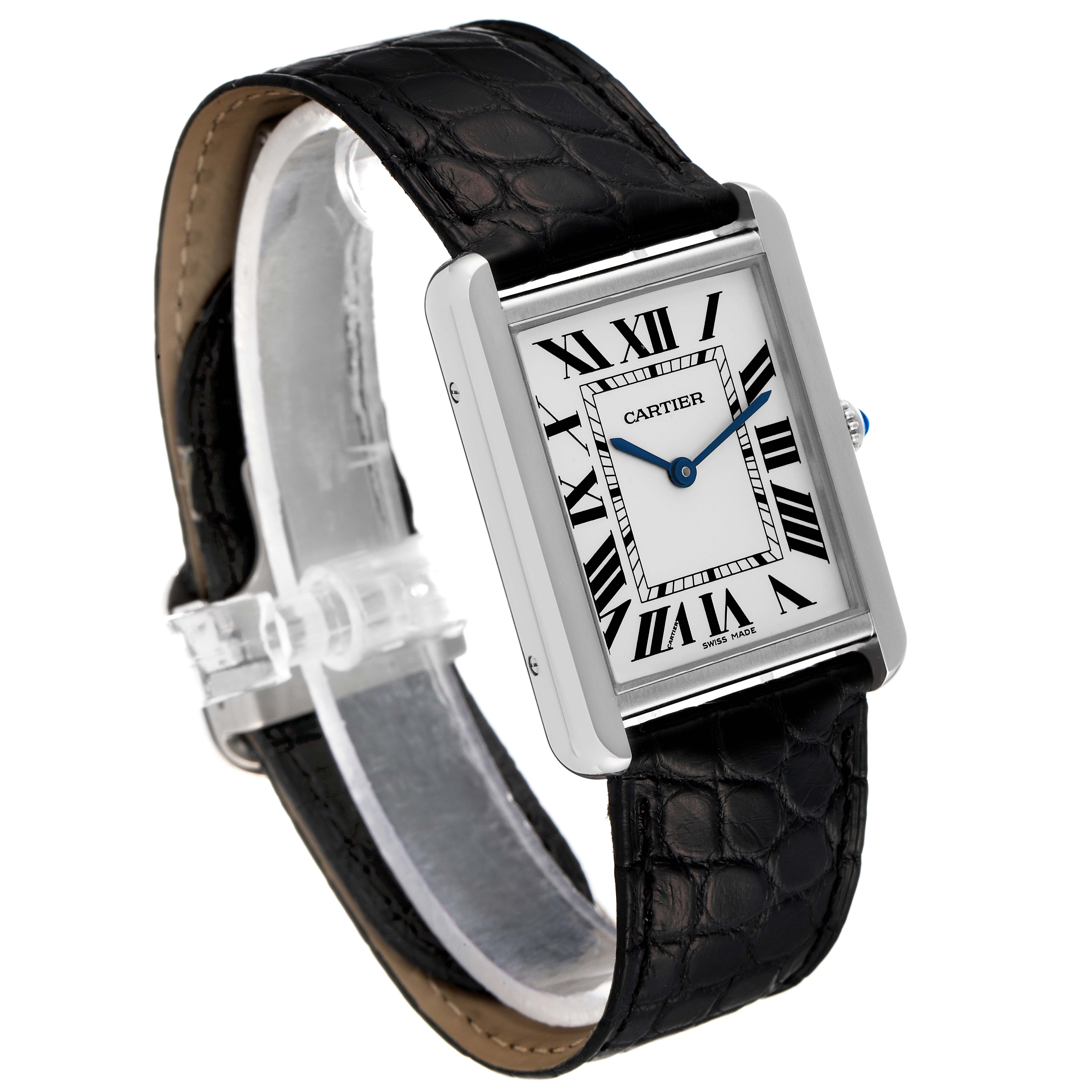 The image shows a Cartier Tank Solo W1018355 Men's Stainless Steel Silver Dial W1018355 Men's Stainless Steel Silver Dial watch at a slight angle, displaying its face, case, and black leather strap.