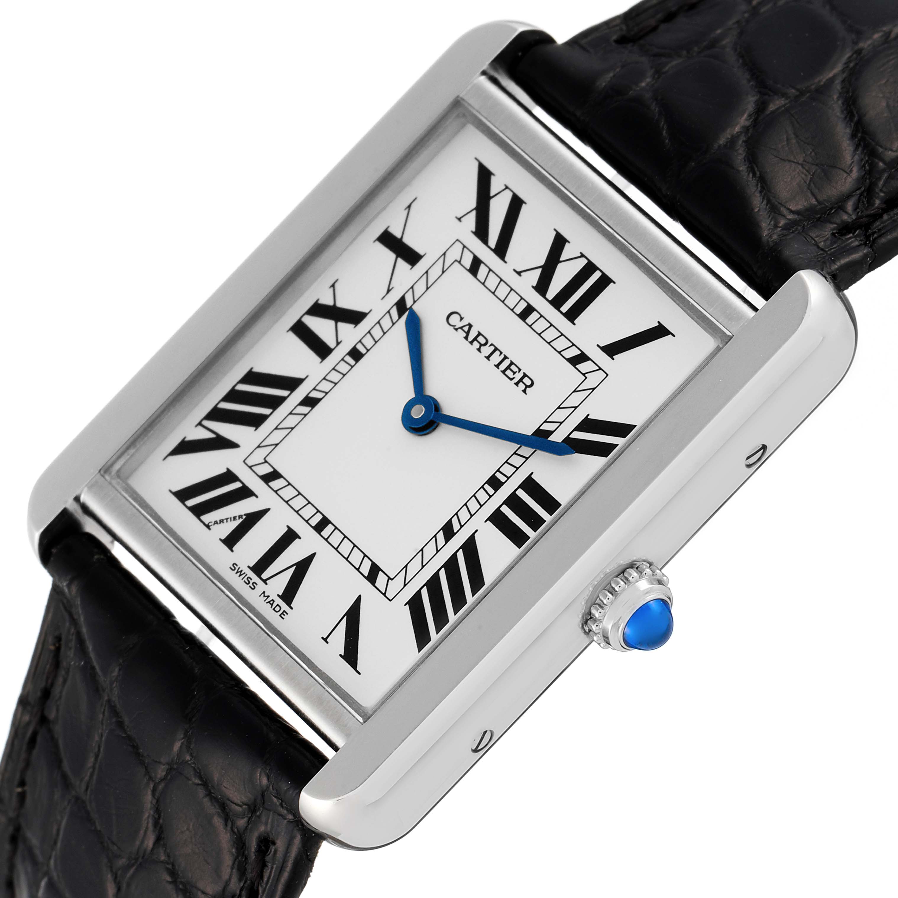 This Cartier Tank Solo W1018355 Men's Stainless Steel Silver Dial W1018355 Men's Stainless Steel Silver Dial watch is shown at an oblique angle, highlighting its face, crown, and leather strap.