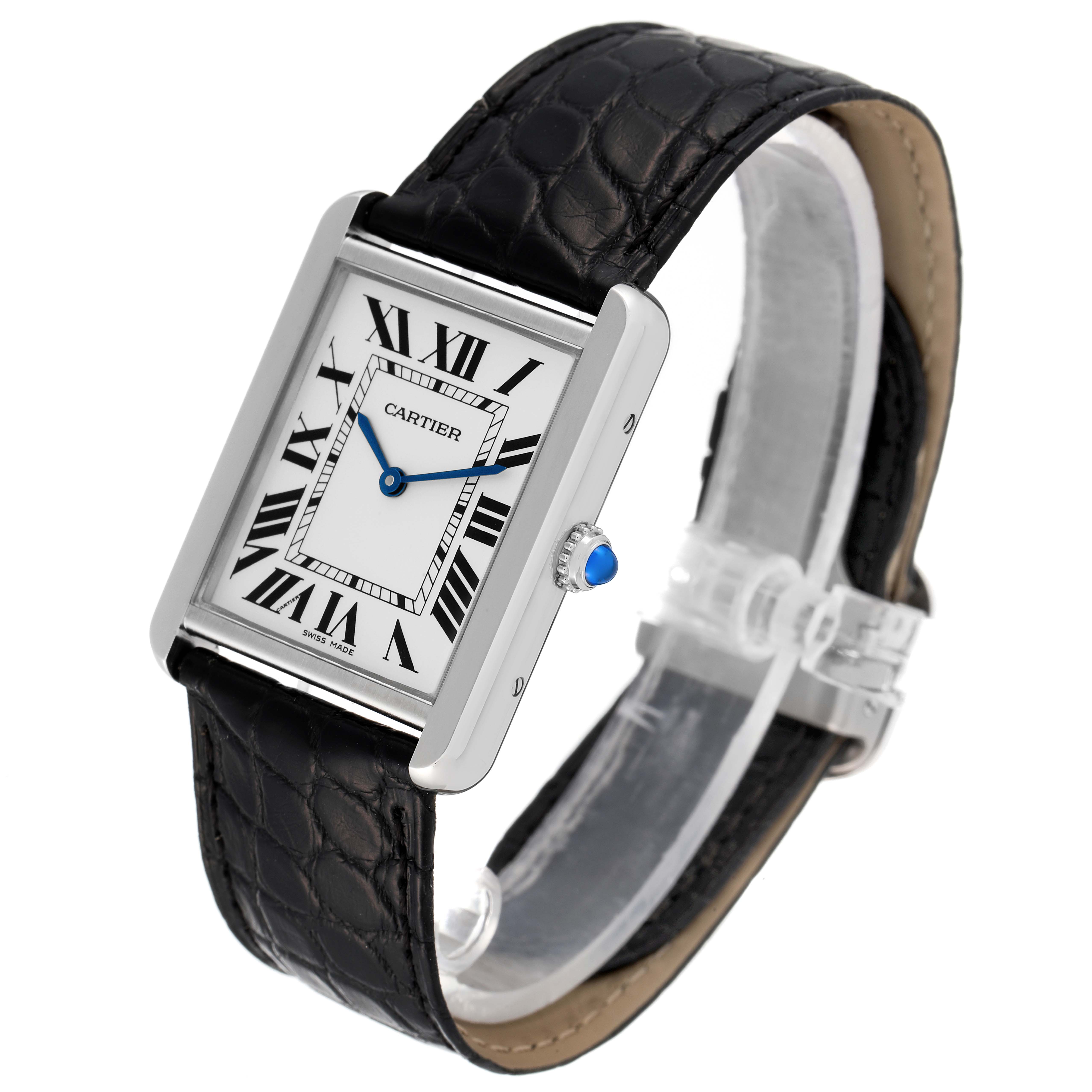 The Tank Solo watch by Cartier is shown at a slight angle, displaying its rectangular face, Roman numerals, blue hands, and black leather strap.