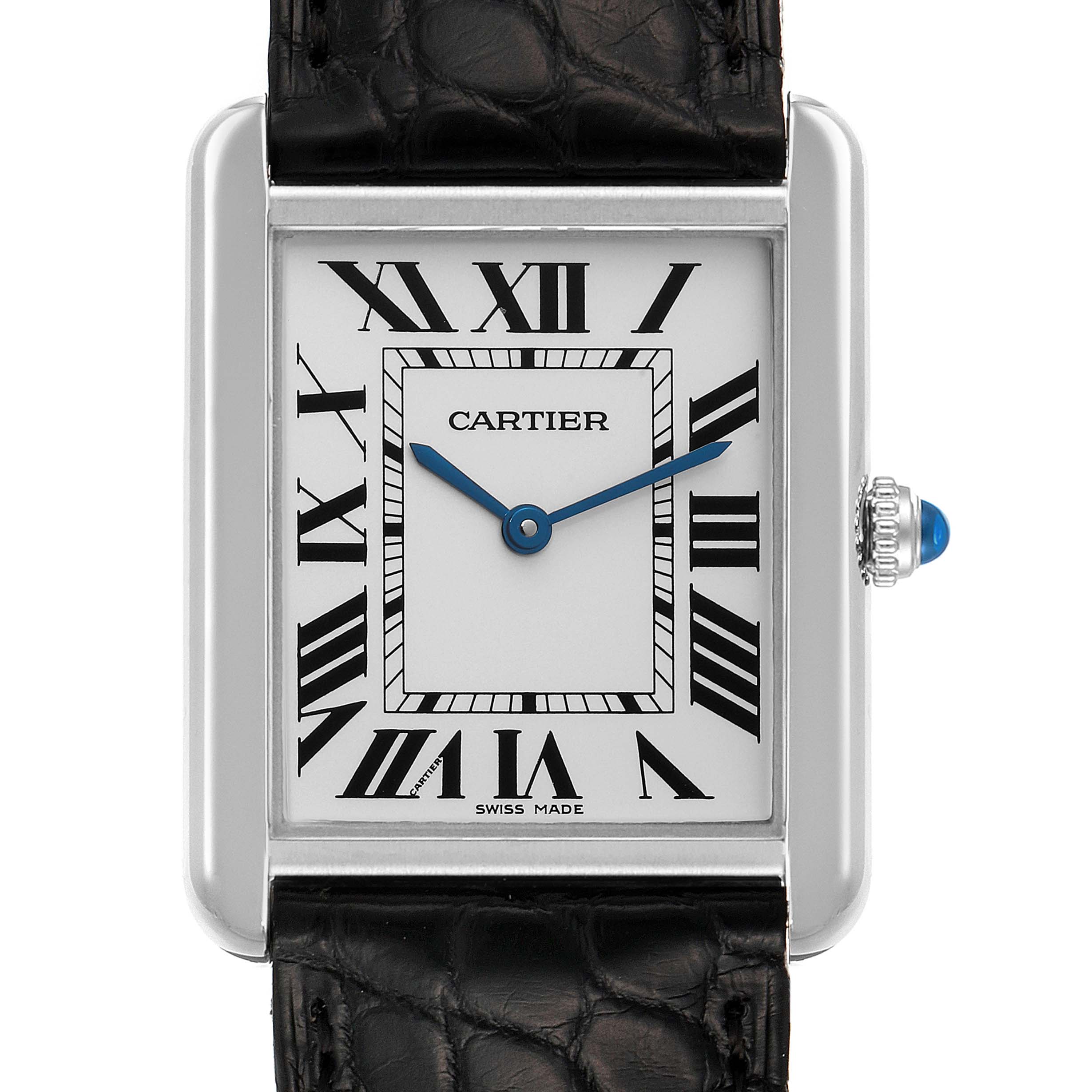 The image shows a frontal view of the Cartier Tank Solo W1018355 Men's Stainless Steel Silver Dial W1018355 Men's Stainless Steel Silver Dial watch, featuring the dial, case, and part of the strap.