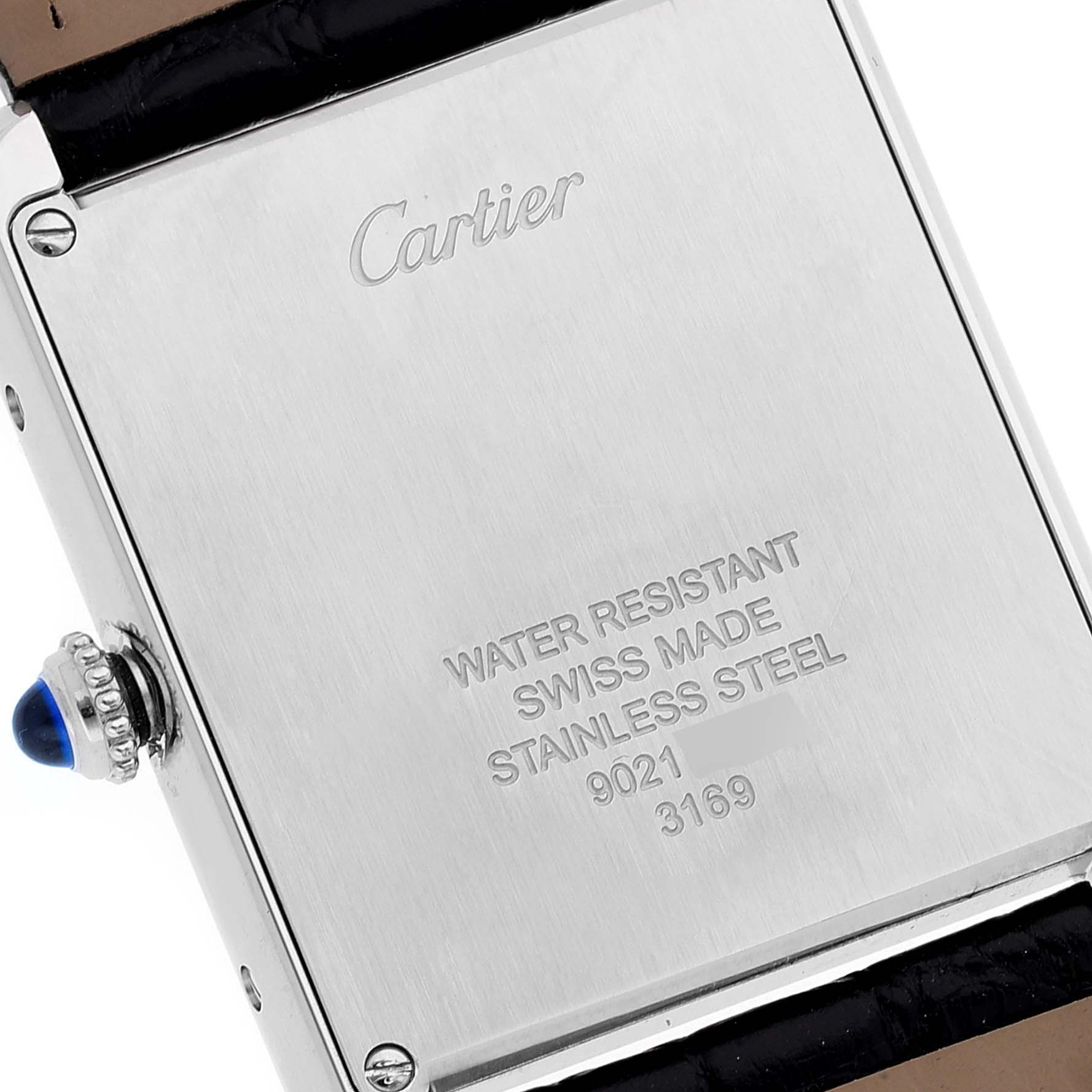 The image shows the back case of a Cartier Tank Solo W1018355 Men's Stainless Steel Silver Dial W1018355 Men's Stainless Steel Silver Dial watch, highlighting the brand name, water resistance, and material details.