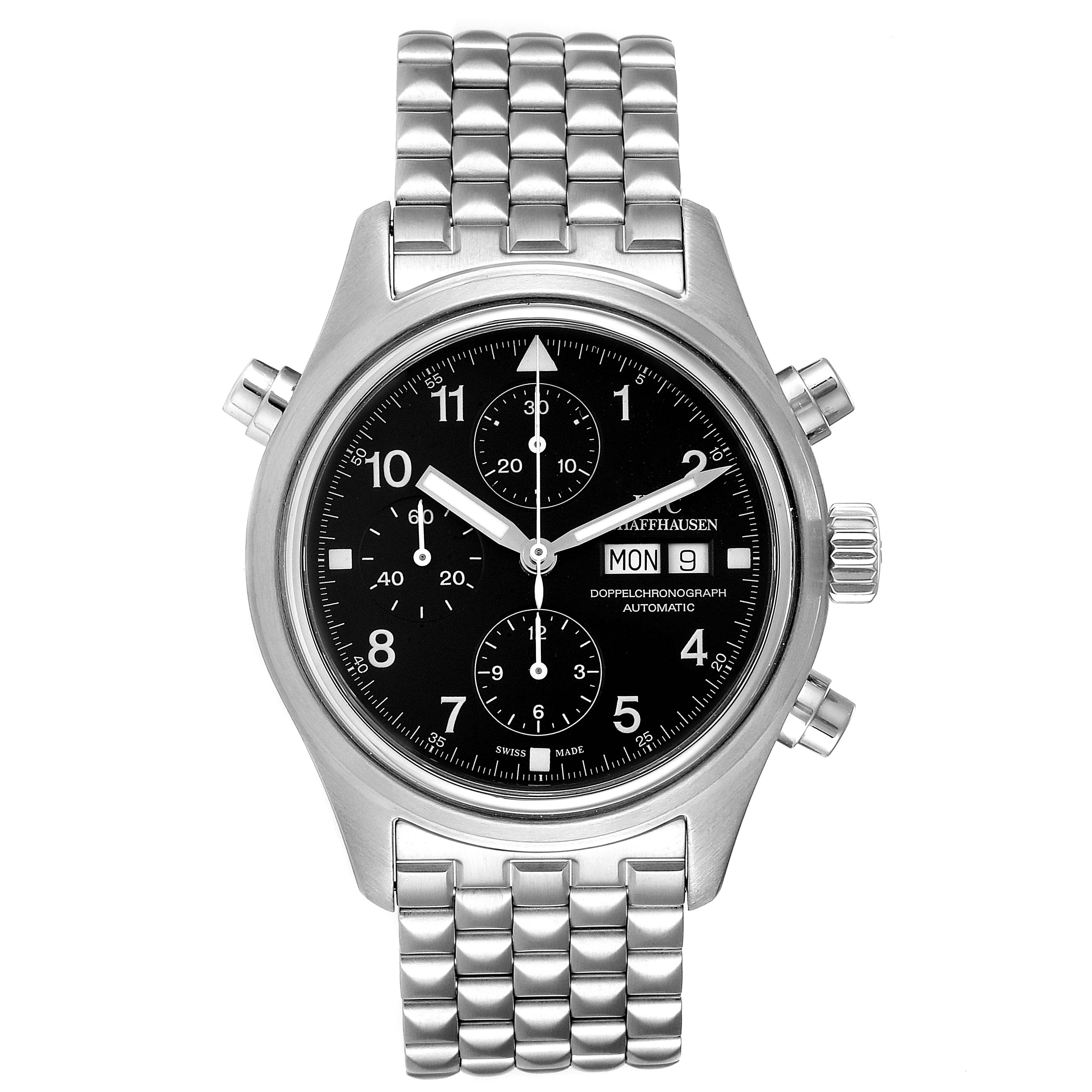 The IWC Pilot IW371319 Men's Stainless Steel Black Dial IW371319 Men's Stainless Steel Black Dial model watch is shown from a direct front angle, displaying its bracelet, dial, and chronograph features.