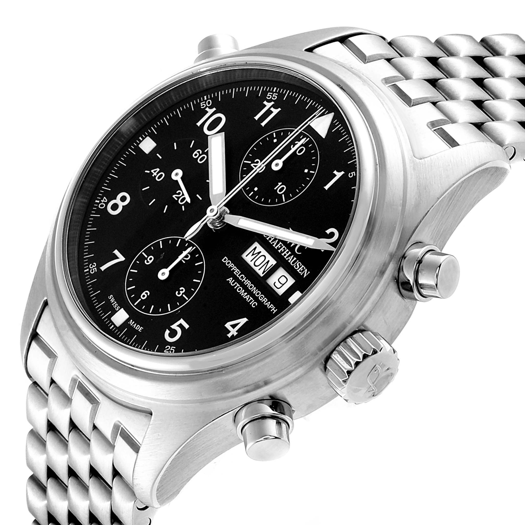 The image shows a close-up side angle of the IWC Pilot IW371319 Men's Stainless Steel Black Dial IW371319 Men's Stainless Steel Black Dial model watch, highlighting the dial, crown, pushers, and part of the bracelet.