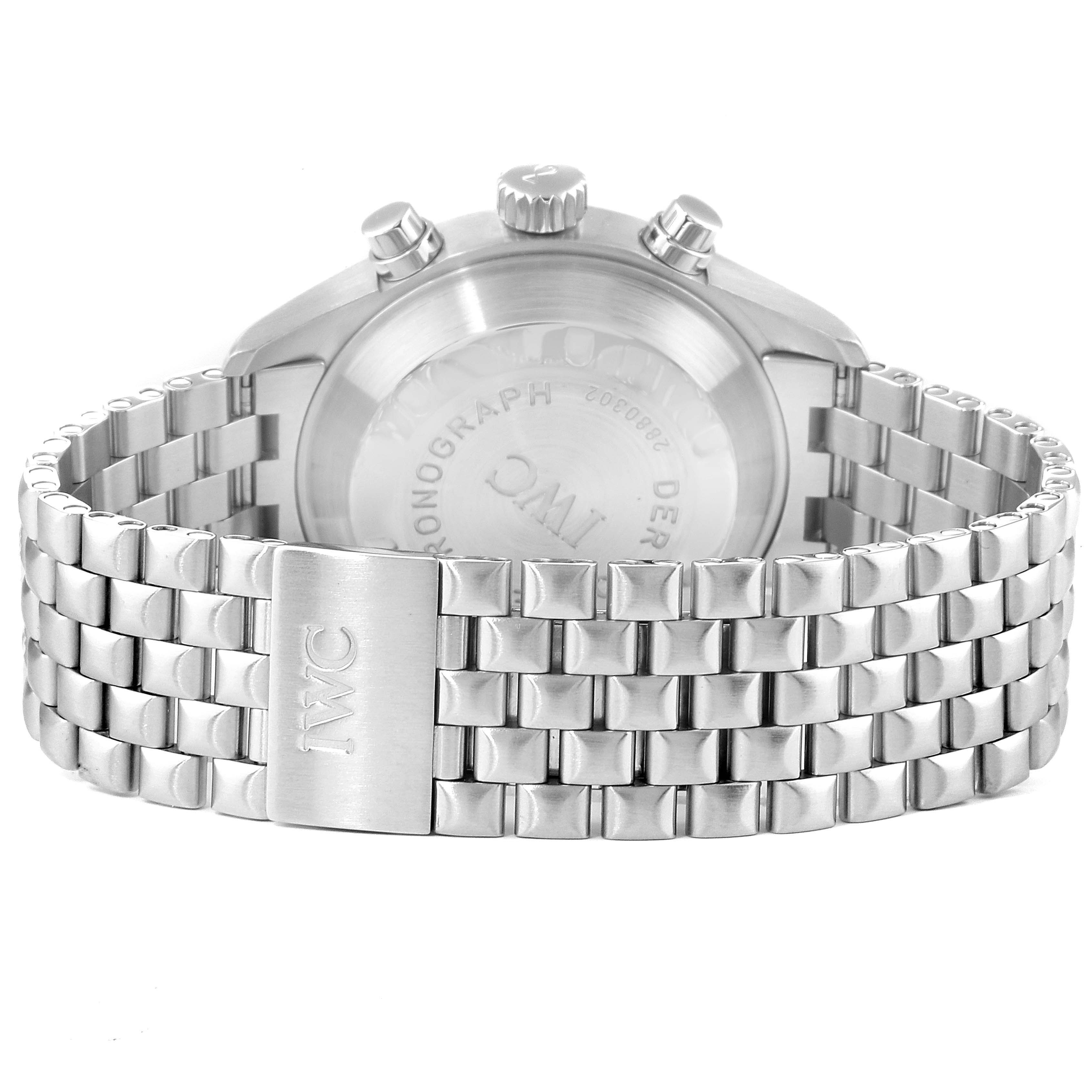 The image shows the back view of an IWC Pilot IW371319 Men's Stainless Steel Black Dial IW371319 Men's Stainless Steel Black Dial model watch, highlighting the case back and metal bracelet with the IWC engraving.