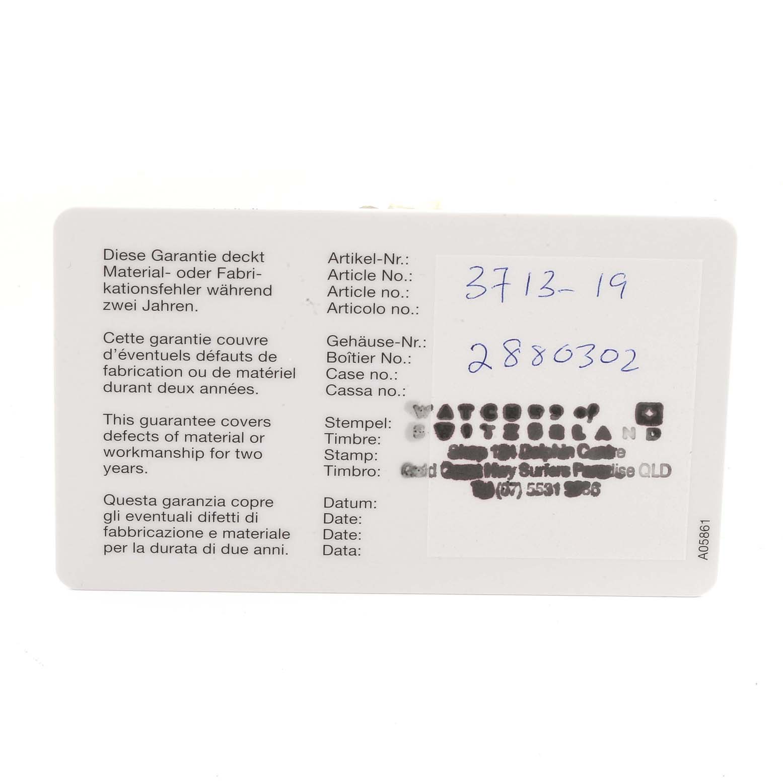 This image shows a guarantee card for the IWC Pilot IW371319 Men's Stainless Steel Black Dial IW371319 Men's Stainless Steel Black Dial watch model, displaying the article and case numbers.