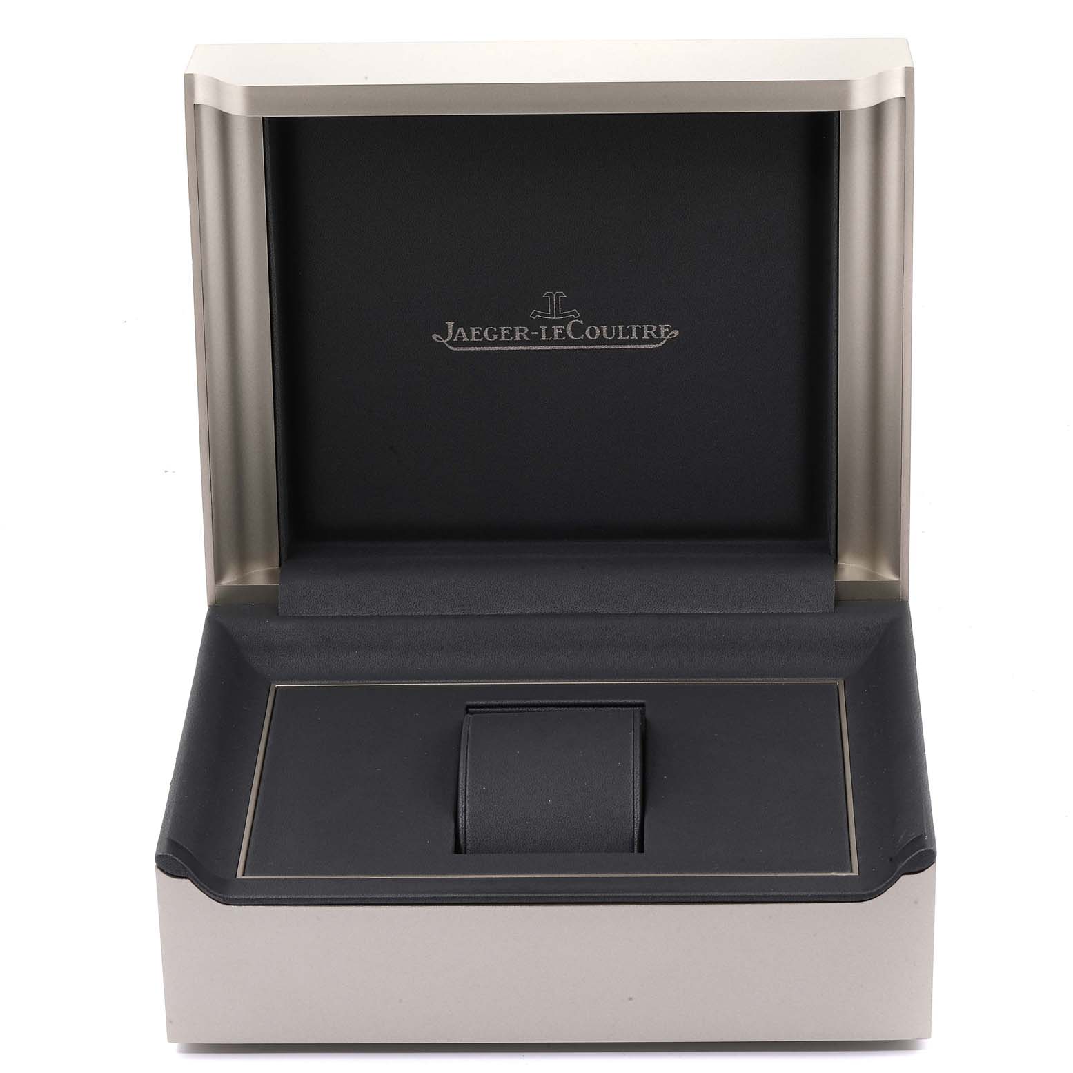 The image shows an open presentation box for a Jaeger-LeCoultre Master model watch, viewed from the front.