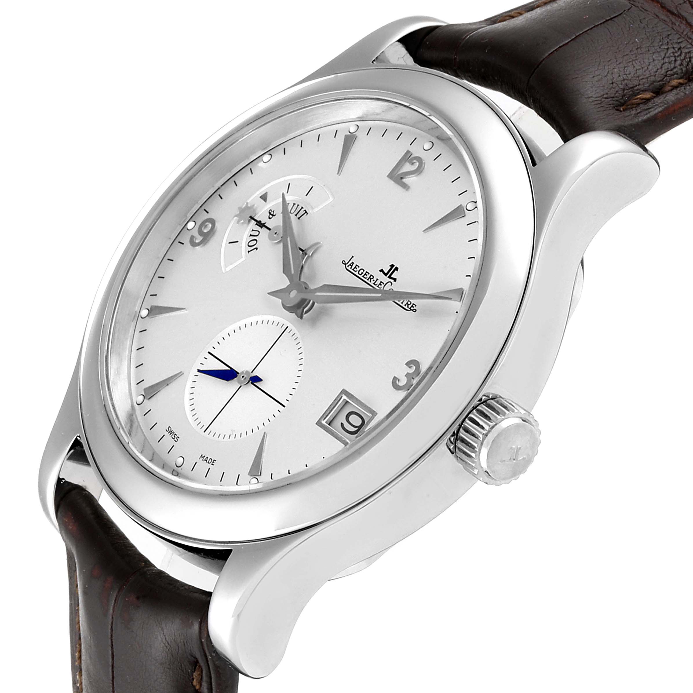 The image shows a Jaeger LeCoultre Master Q1628420 Men
s Stainless Steel Silver Dial Q1628420 Men
s Stainless Steel Silver Dial model watch at an angled view, highlighting its dial, case, crown, and leather strap.